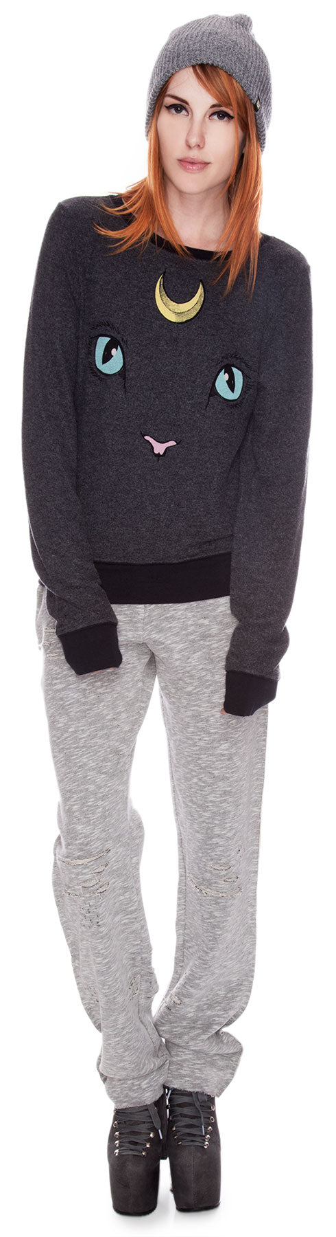 Cat and Moon Baggy Beach Jumper - White