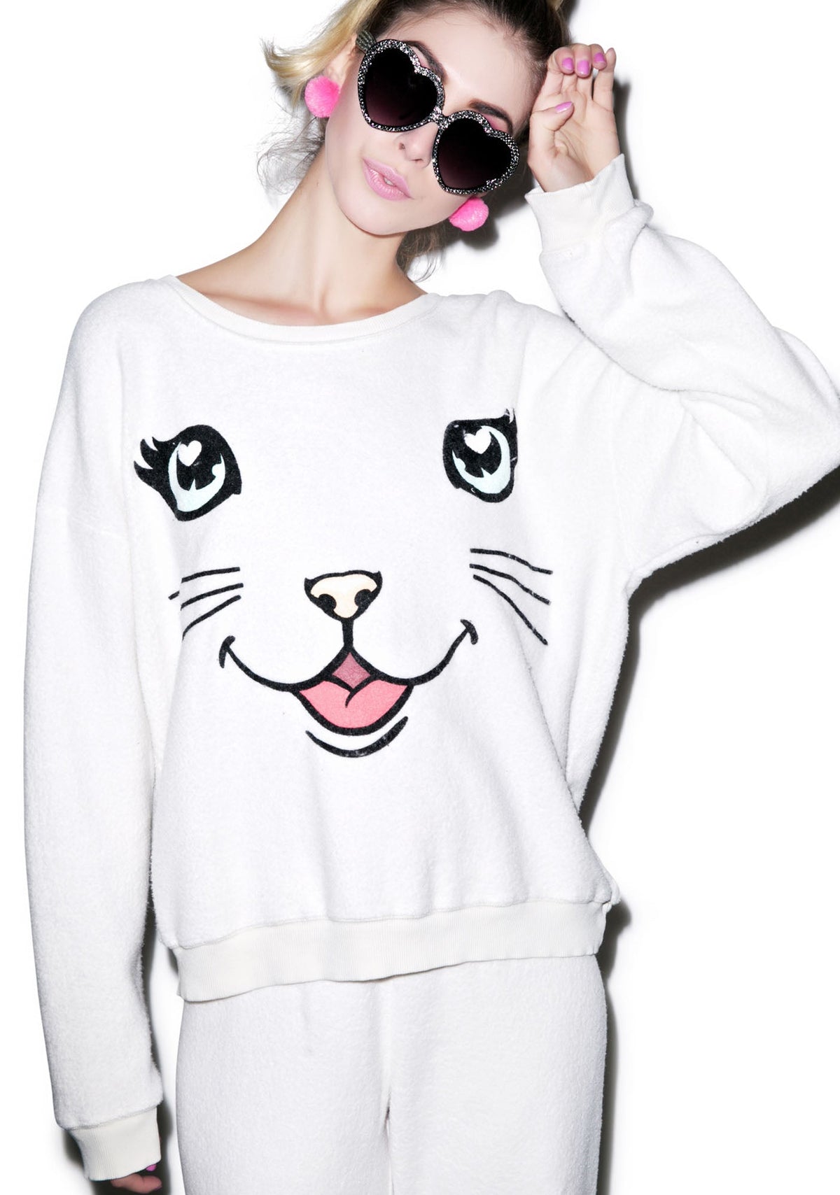 Happy Cat Oversized Sweatshirt - White