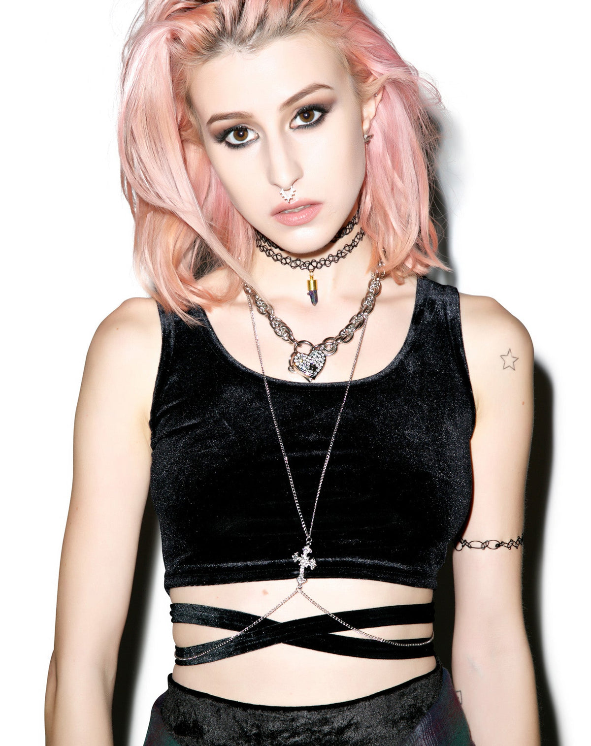 Velvet Double Cross Crop Top - Dark Gray