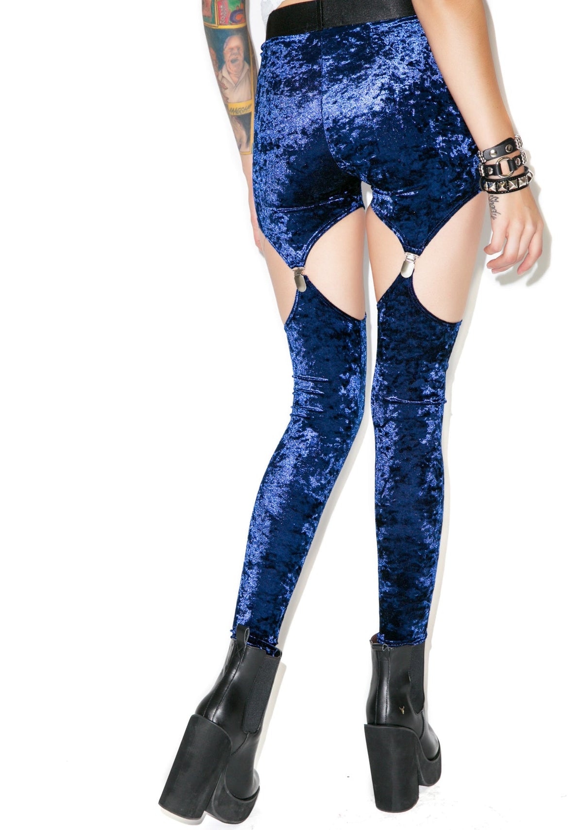 Crushed Velvet Garter Leggings - Black