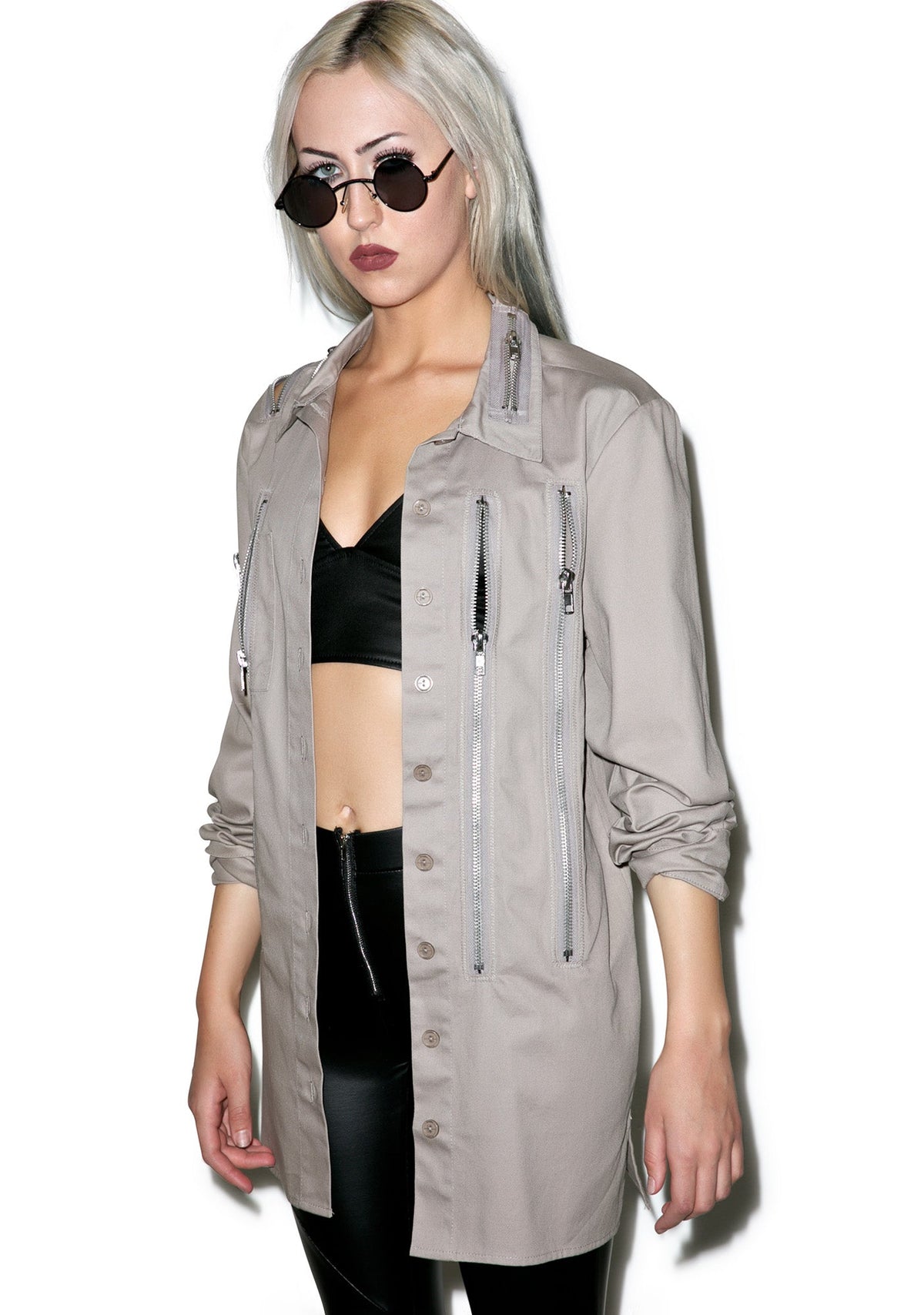 Sandstorm Zipper Head Button Up Top - Light Brown
