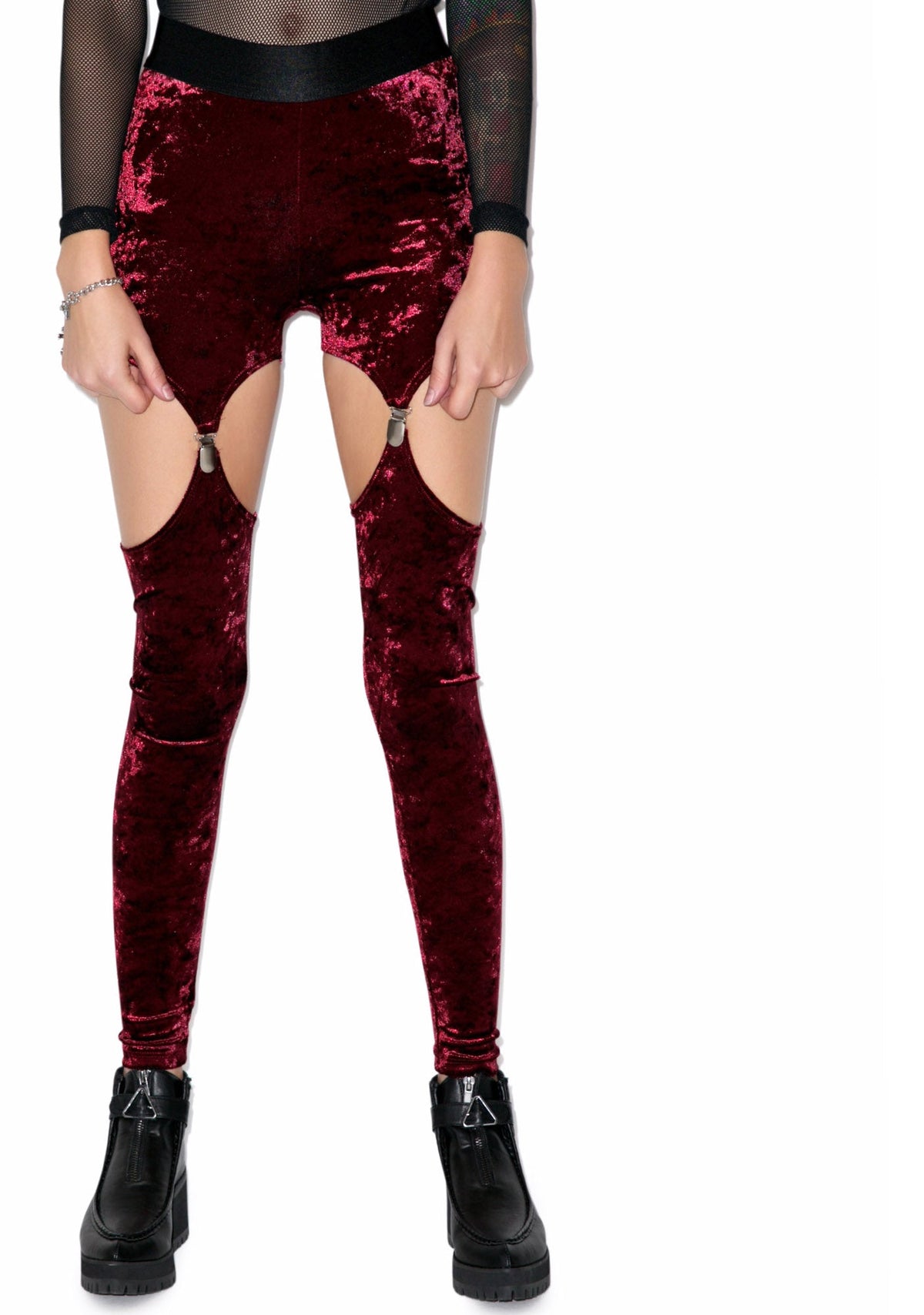 Crushed Velvet Garter Leggings - Black