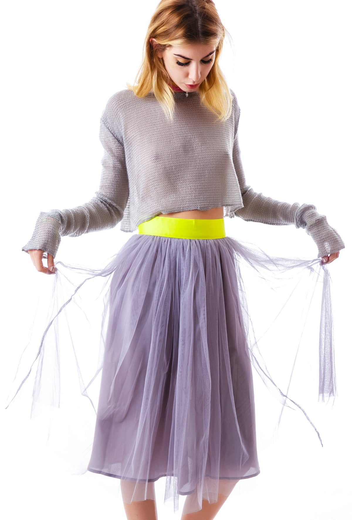 Cierra Air Tulle Midi Skirt - Gray