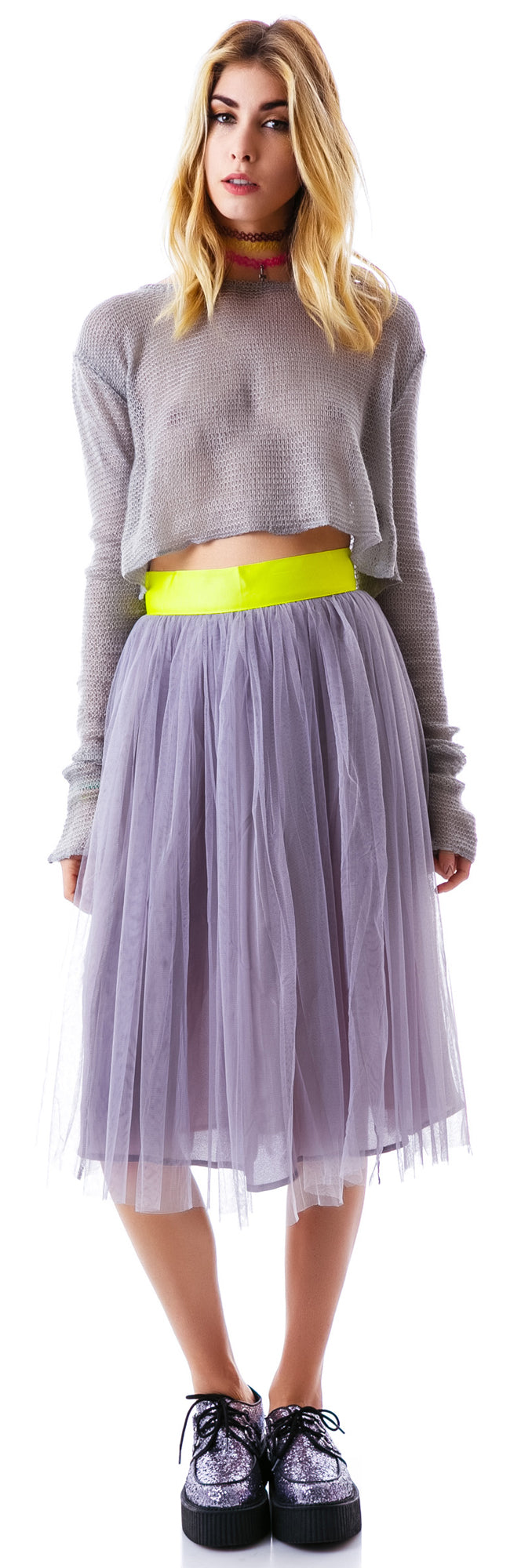 Cierra Air Tulle Midi Skirt - Gray