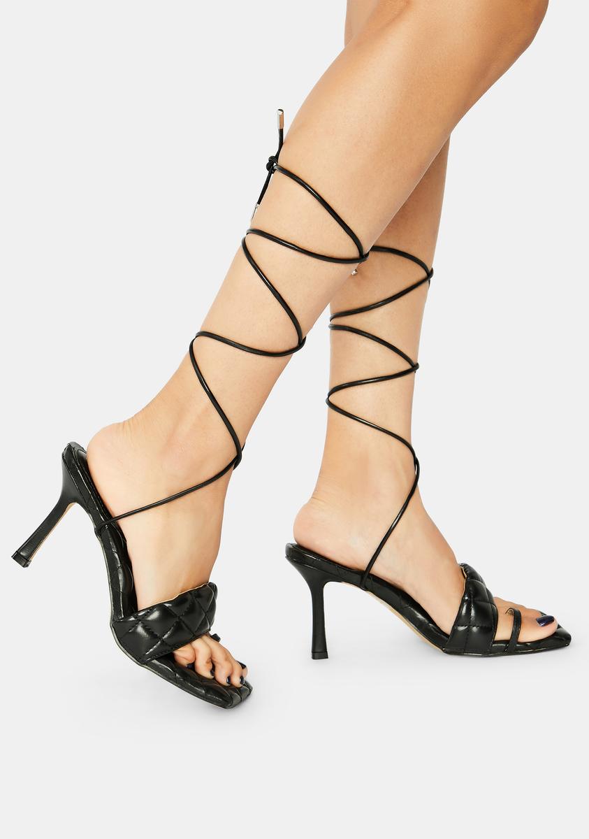 Dark Risk It All Quilted Lace Up Kitten Heels - Black