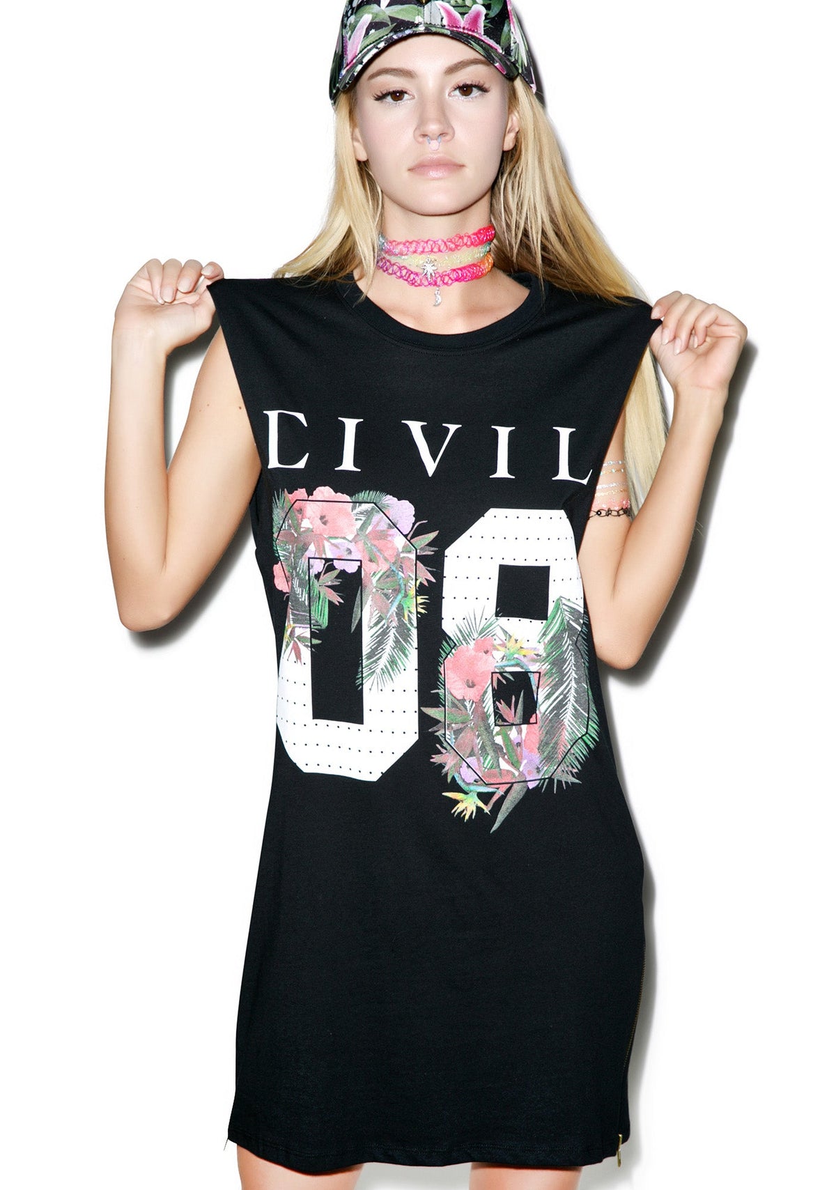 Floral 08 Long Zip Muscle Tee - White