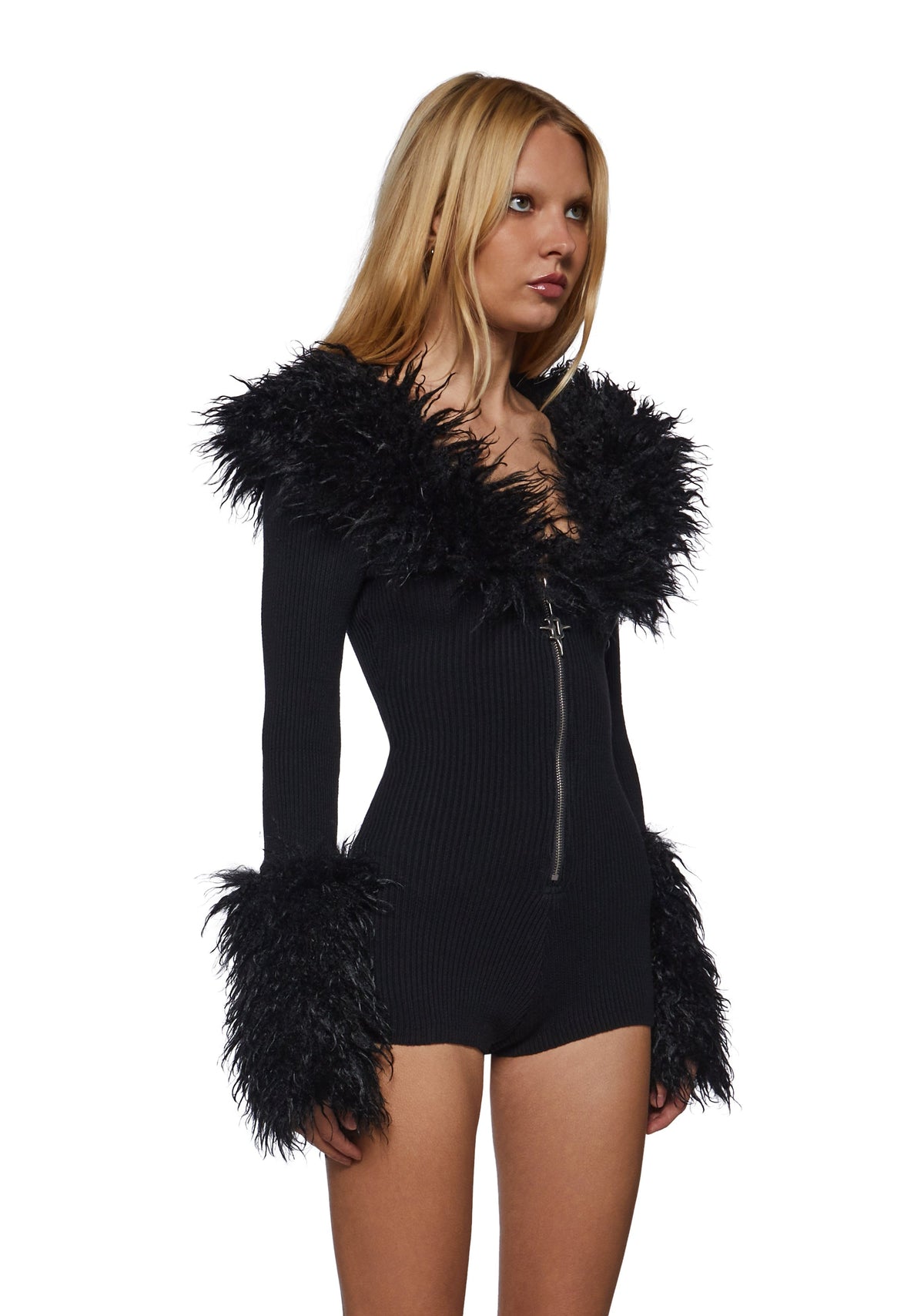 Reloop Fur Long Sleeve Zip Up Romper