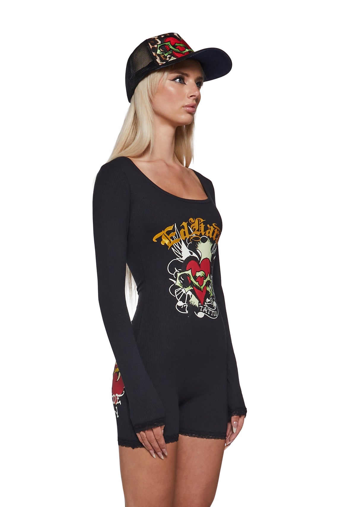 Sacred Heart Long Sleeve Short Lace Onesie - Black