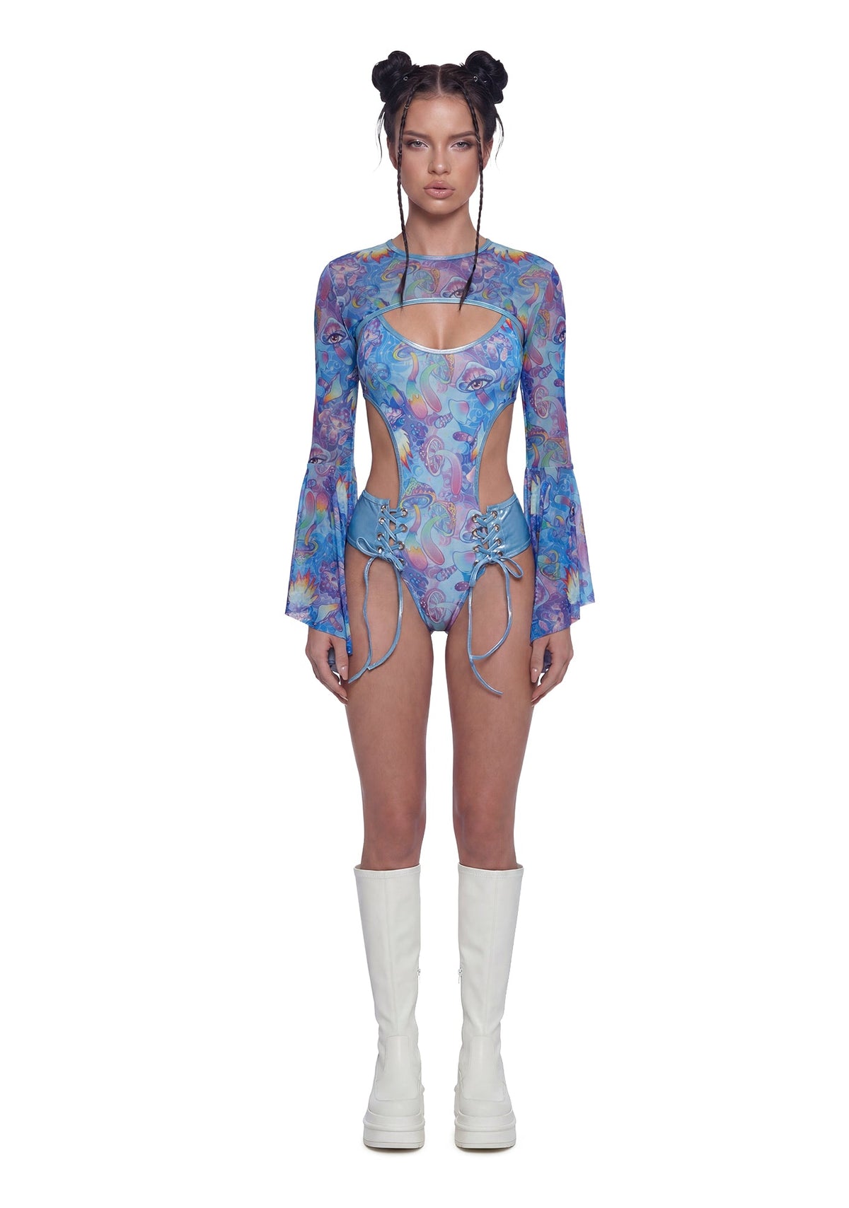 Mushroom Print Lace Up Bodysuit - Blue
