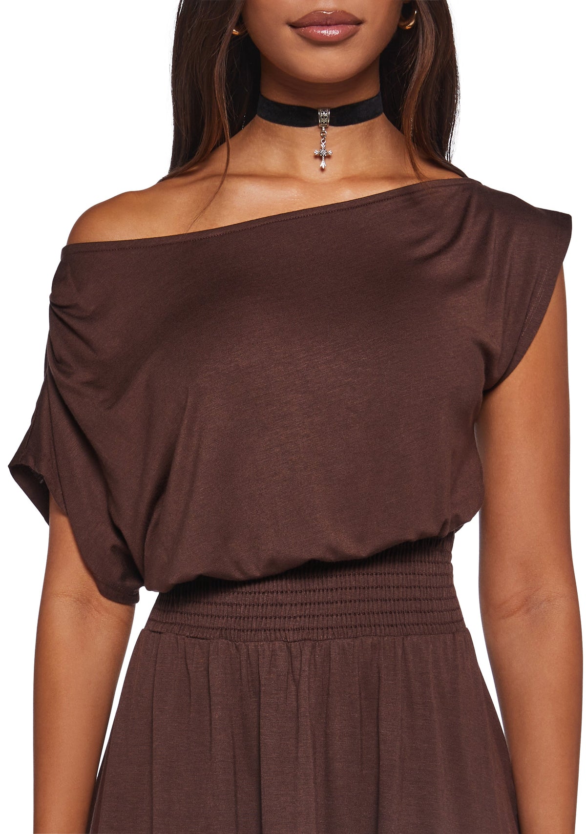 Crush Damage Off The Shoulder Dress - Brown