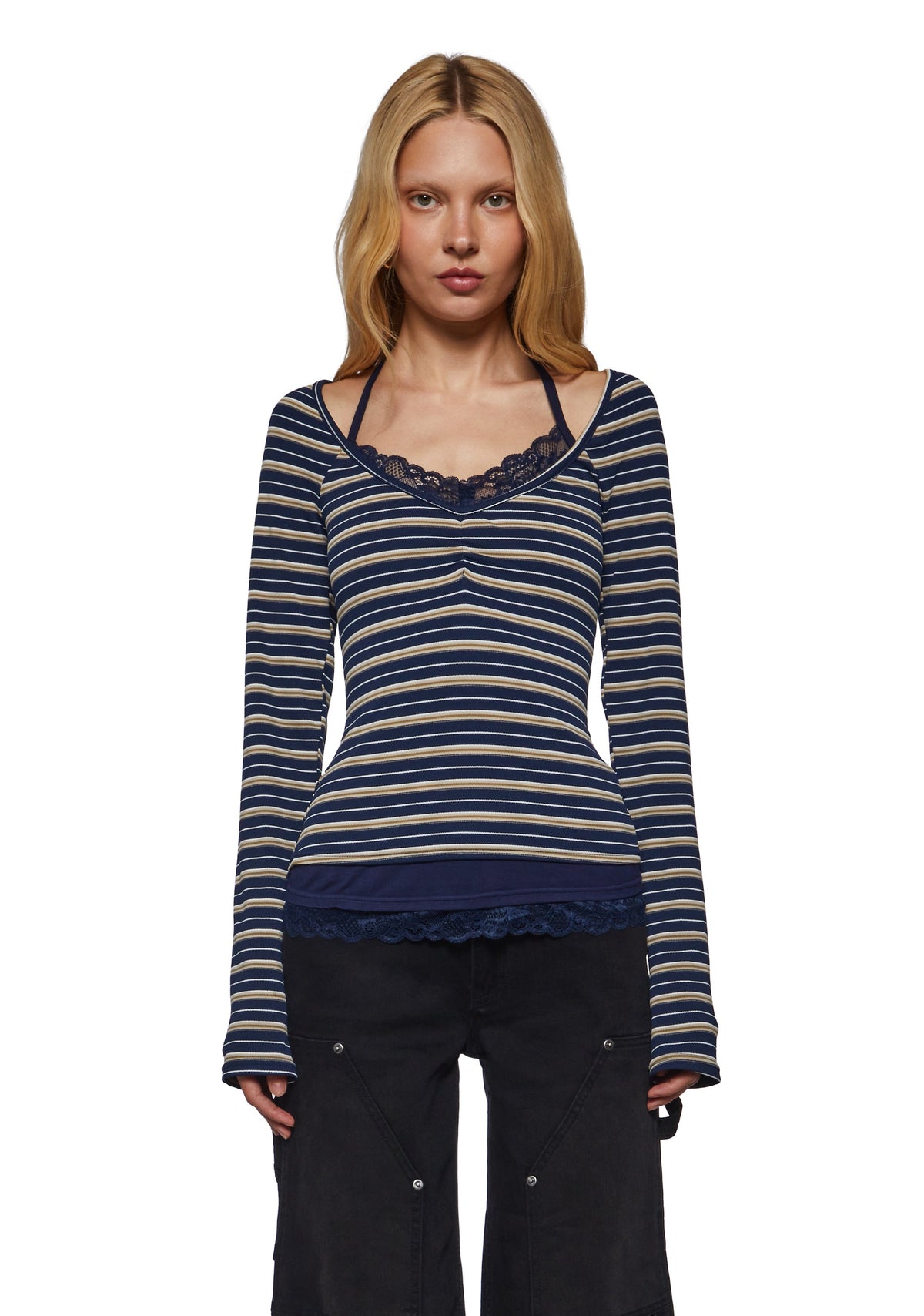 Angela Stripe Layered Cami Long Sleeve - Blue