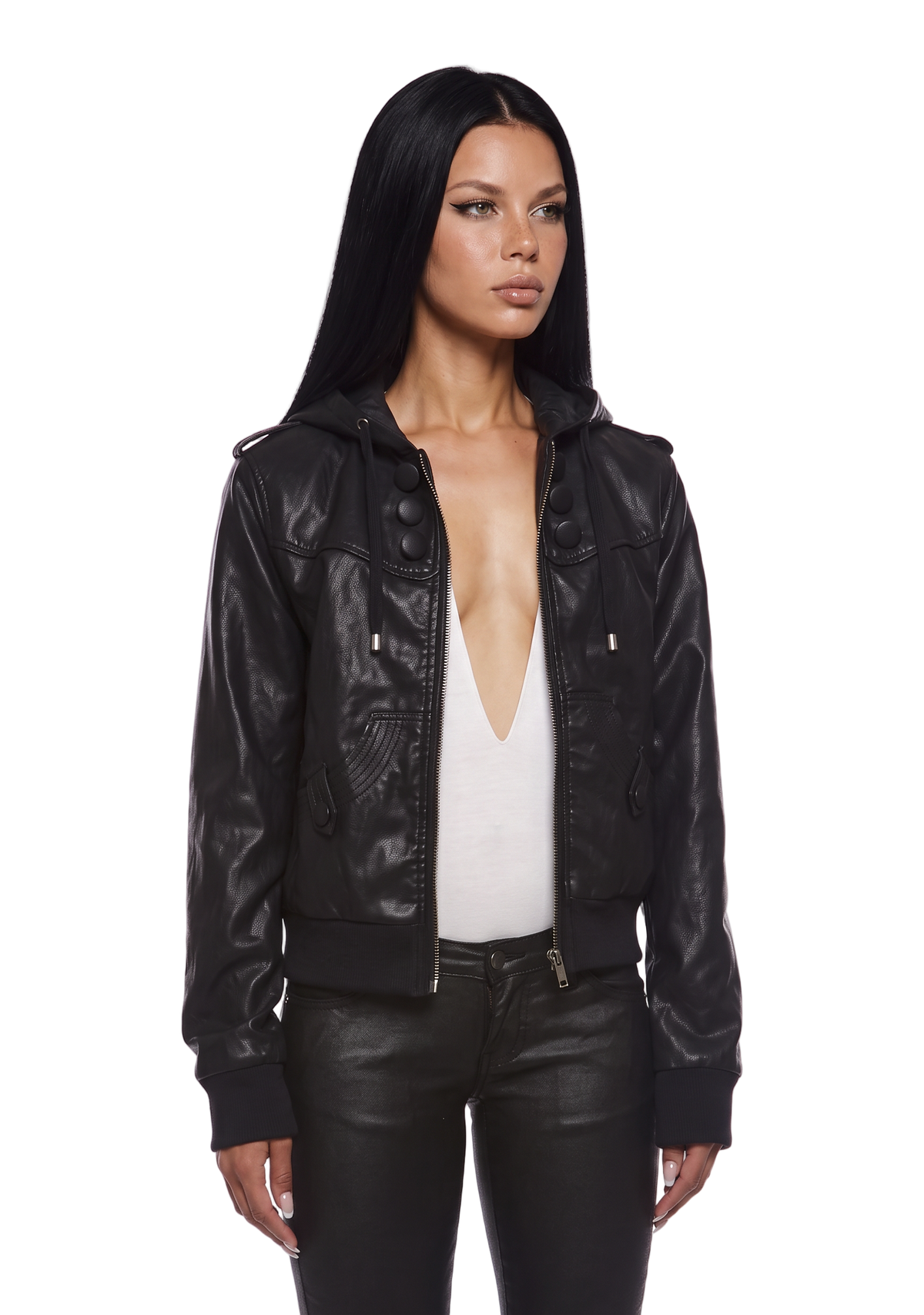 Military Leather Hooded Bomber
