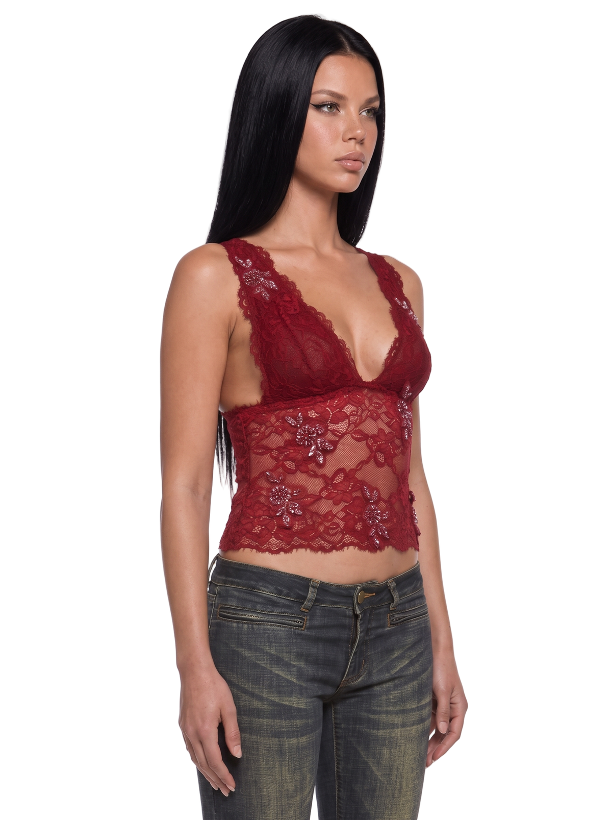 Vicki Beaded Lace Tank Top - Red