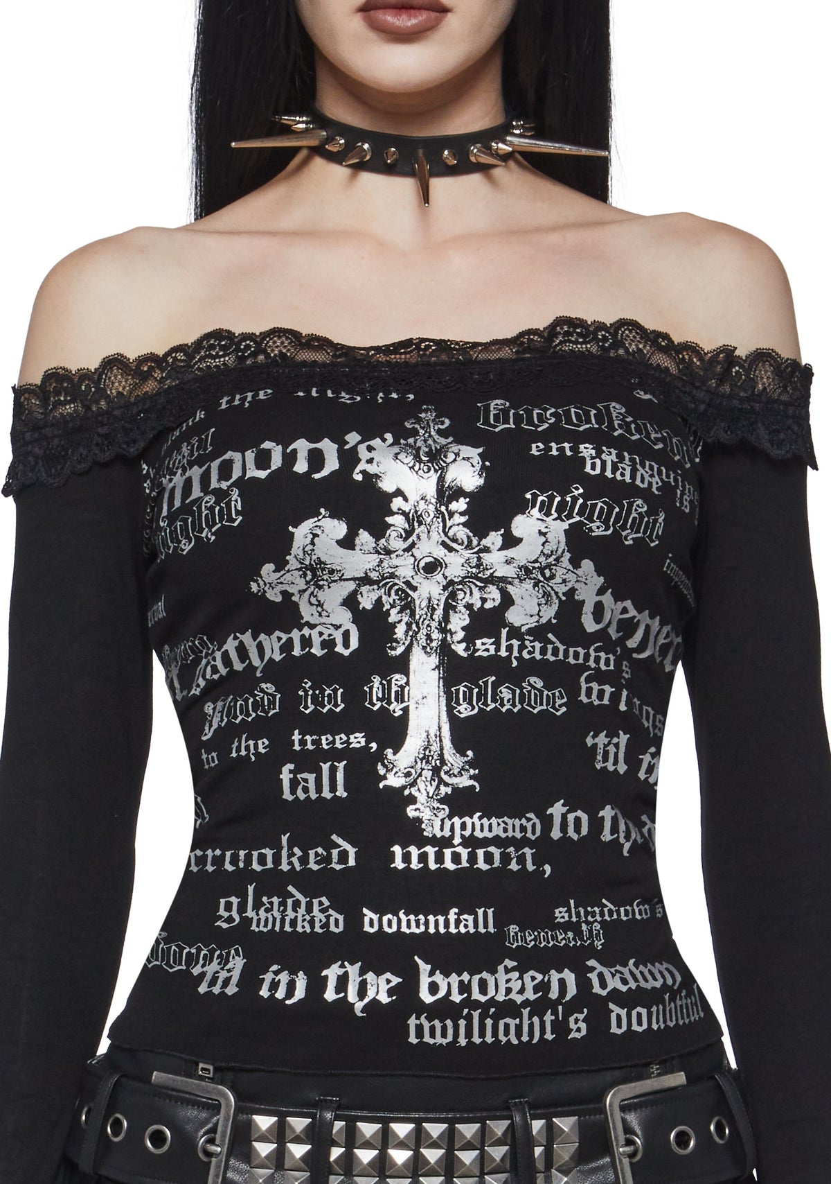 Crucifix Off The Shoulder Long Sleeve Tee