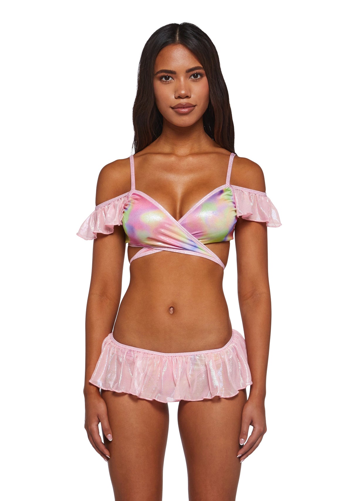 Metallic Coated Fishnet Bikini Set - Pink