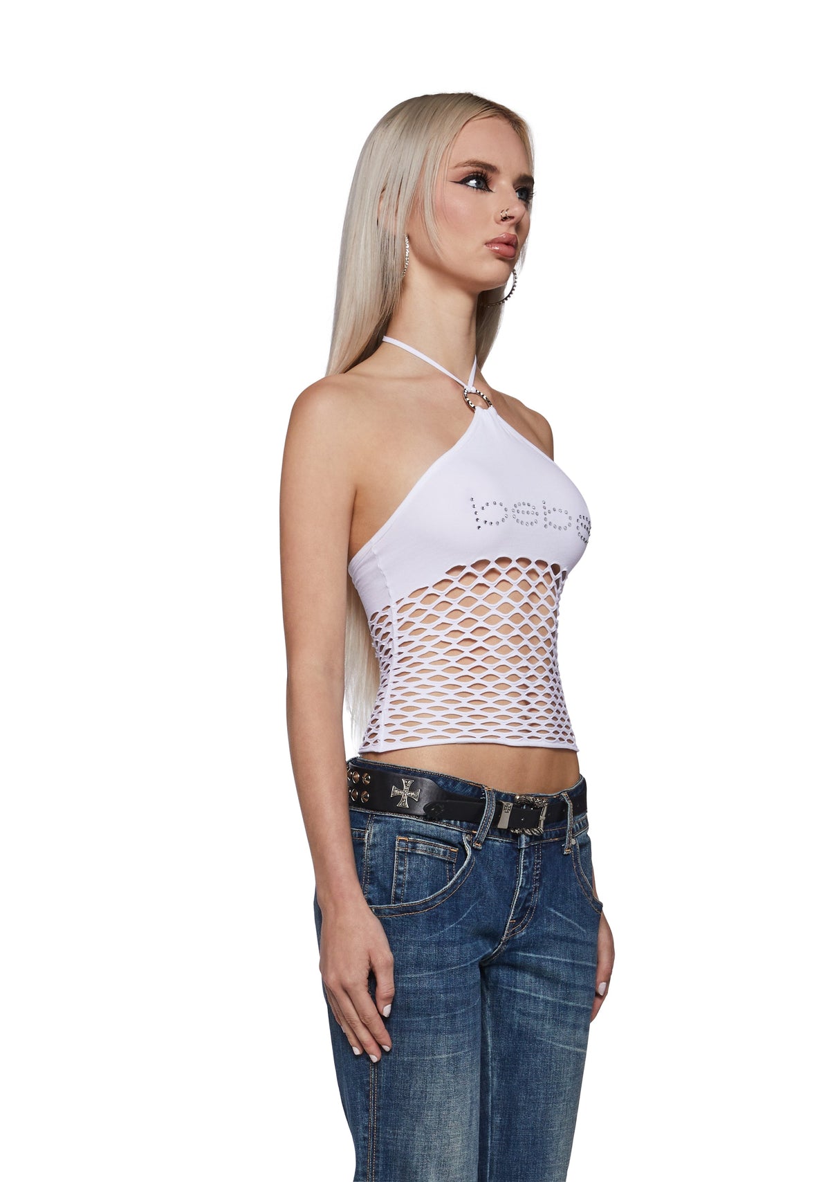 Fishnet Halter Top - White