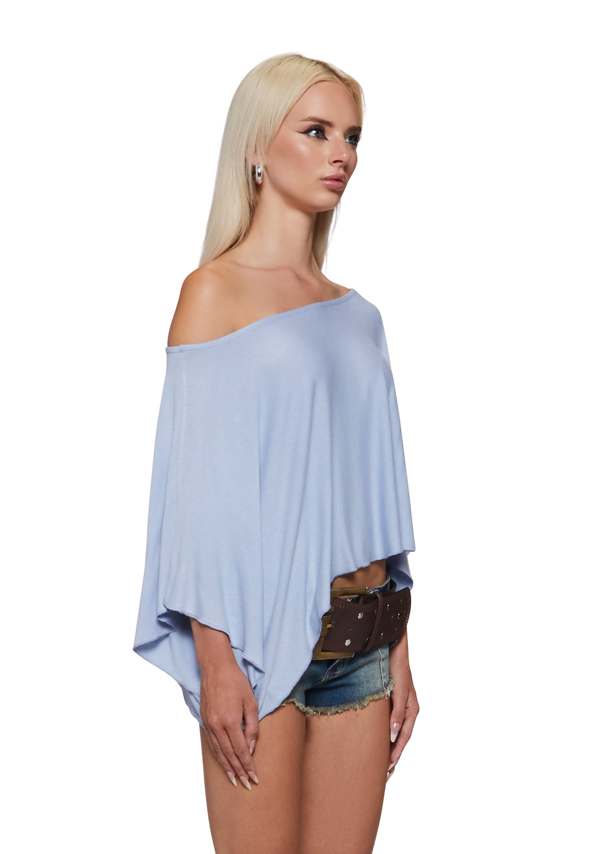 Leah Off The Shoulder Knit Poncho - Blue