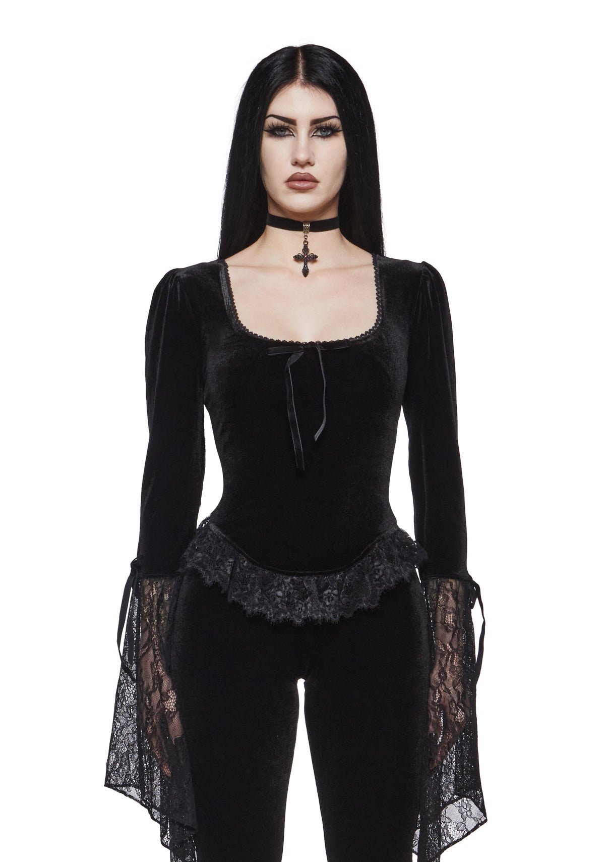 Full Vampire Velvet Long Sleeve Blouse - Black