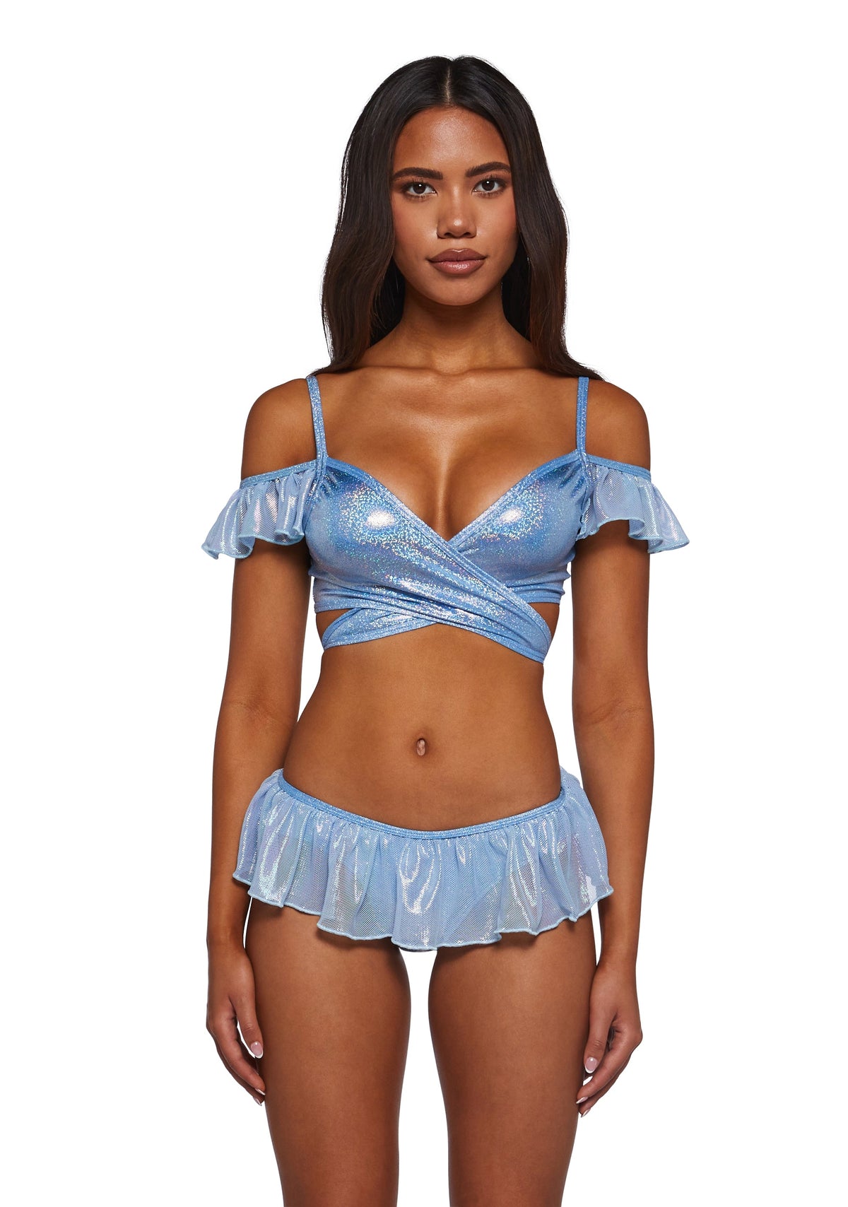 Metallic Coated Fishnet Bikini Set - Blue