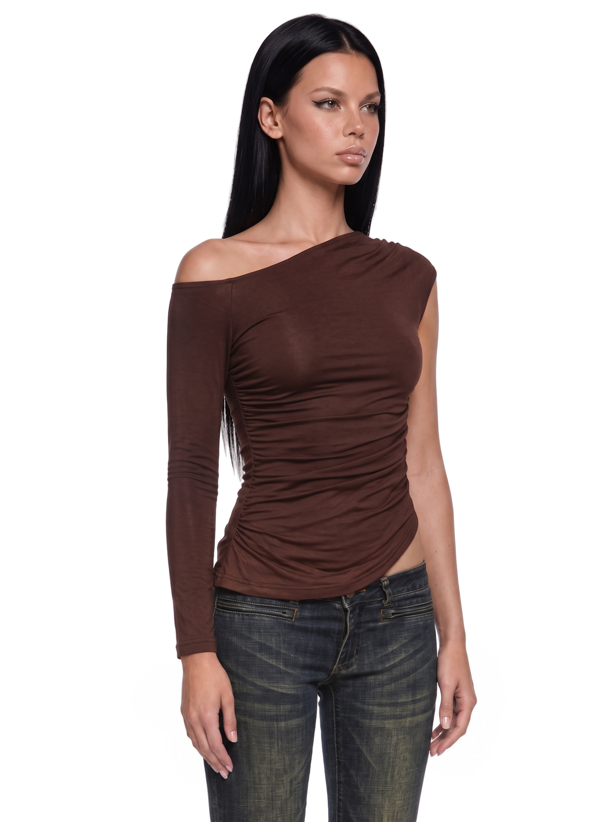 Orion Asymmetrical Long Sleeve Top - Brown