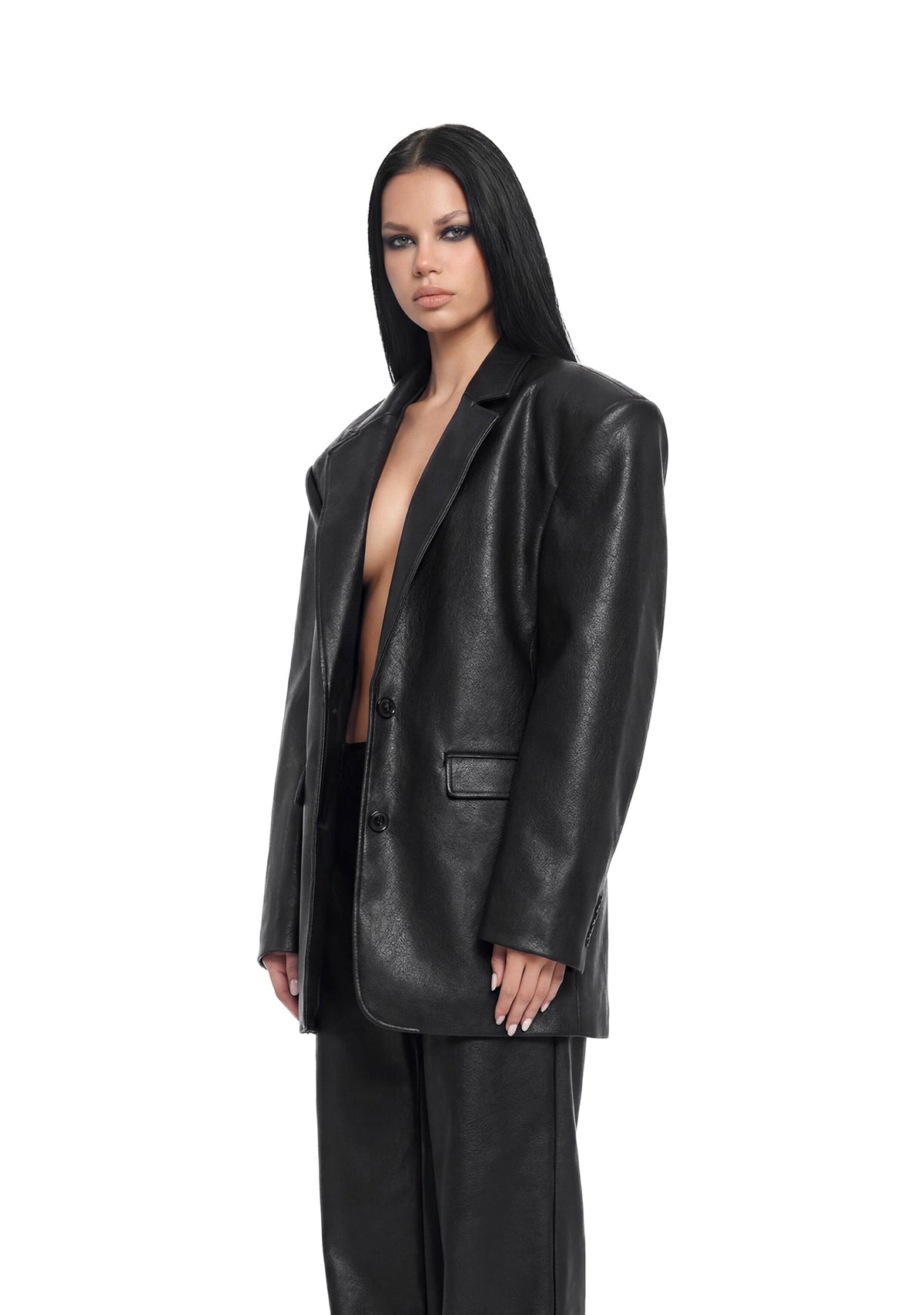 Leather Oversize Blazer - Black
