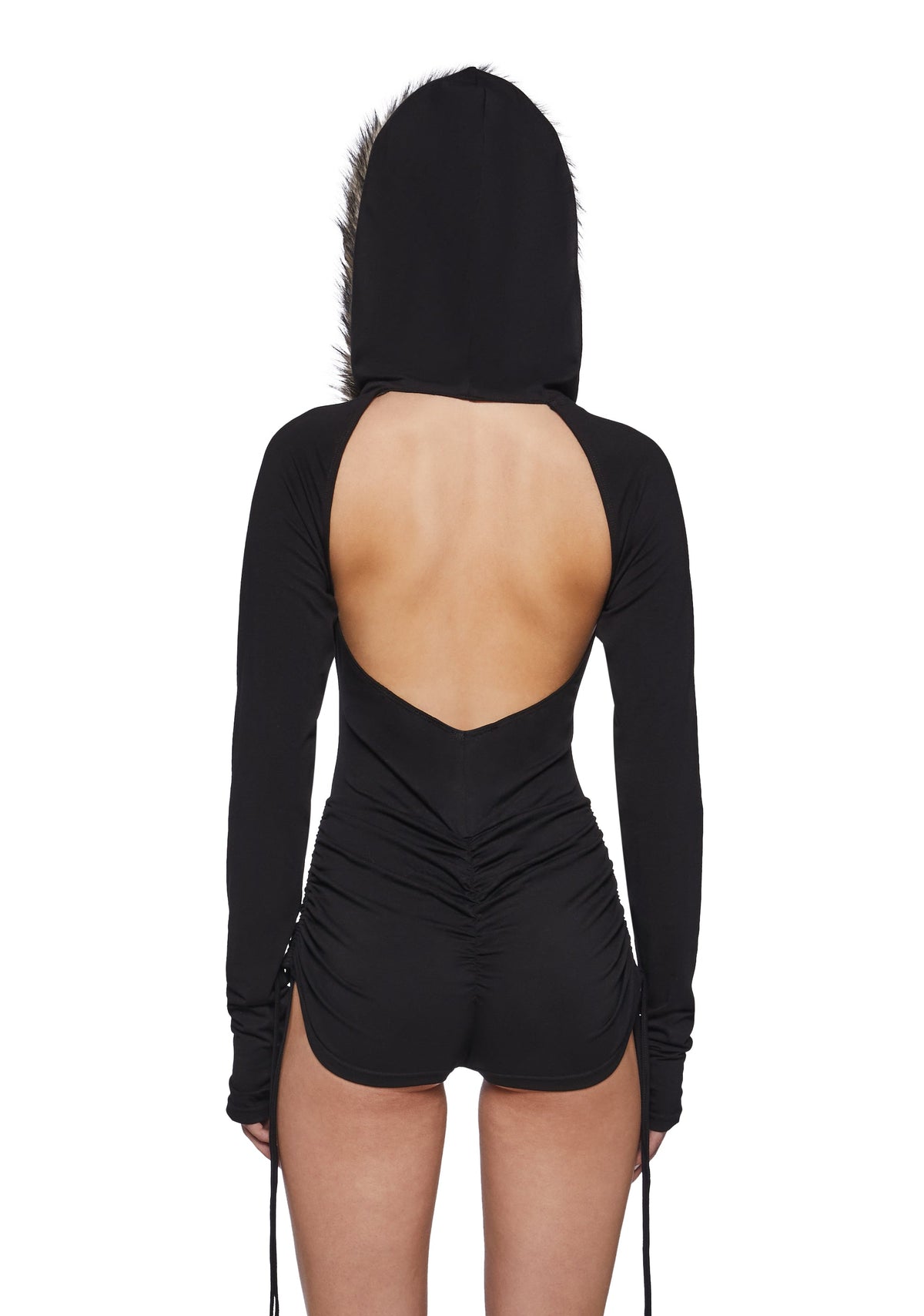 Siren Fur Hood Long Sleeve Romper - Black