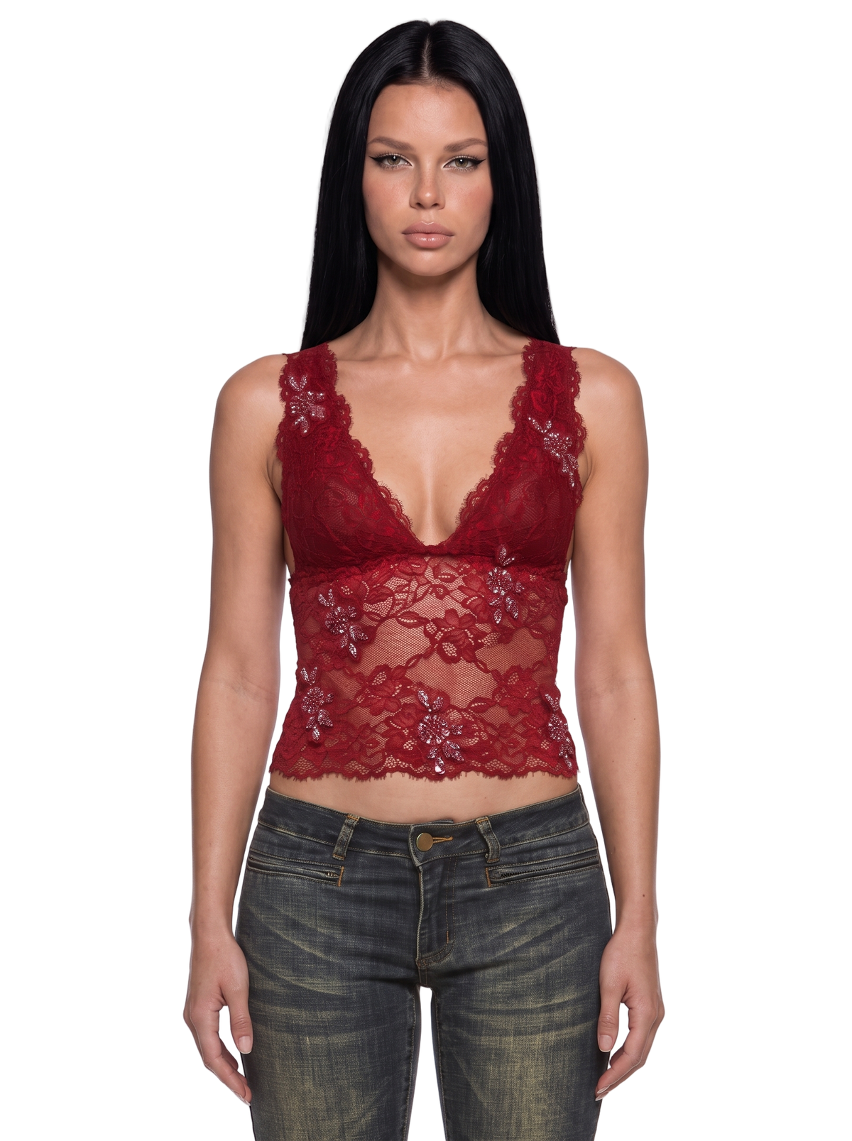 Vicki Beaded Lace Tank Top - Red