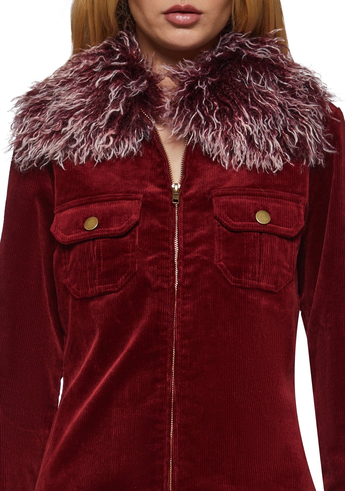 Cherry Corduroy Jacket with Faux Fur