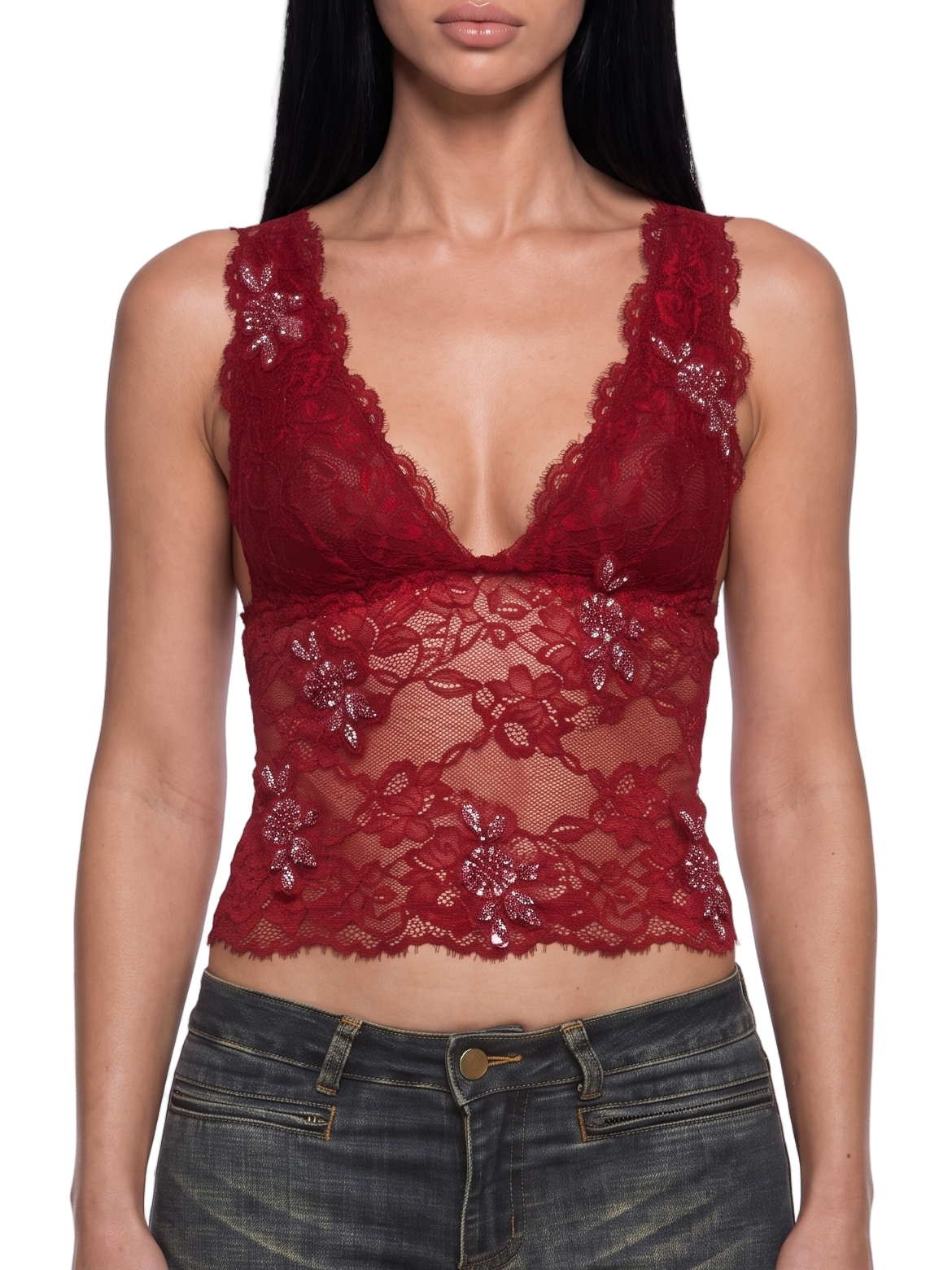 Vicki Beaded Lace Tank Top - Red