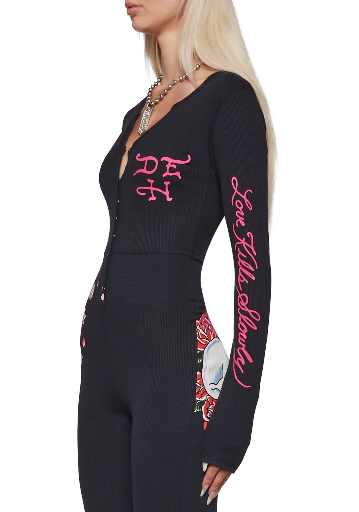 Flower Skull Long Sleeve PJ Onesie - Black