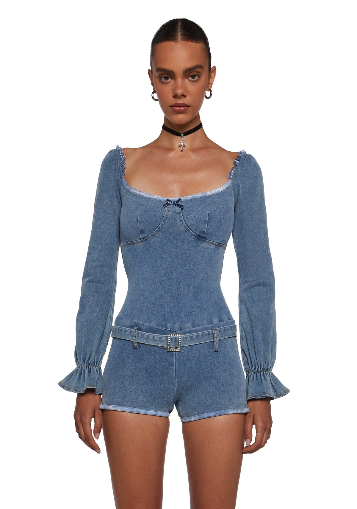 Flirt And Tell Denim Romper