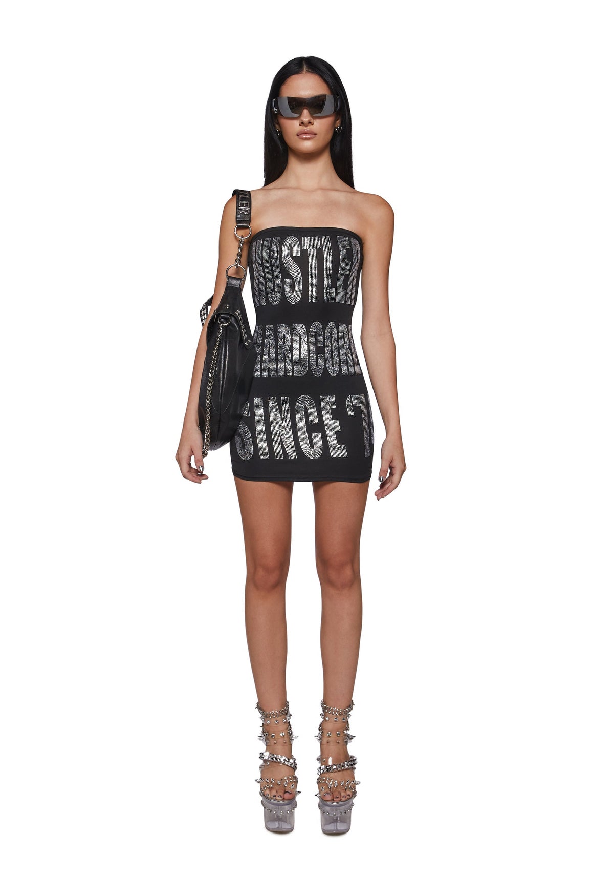 Logo Rhinestone Strapless Mini Dress
