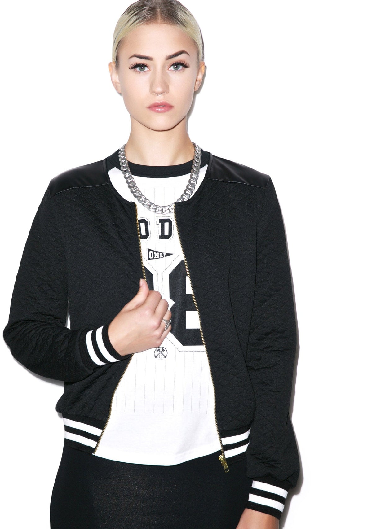 High School Drop Out Quilted Varsity Jacket - White