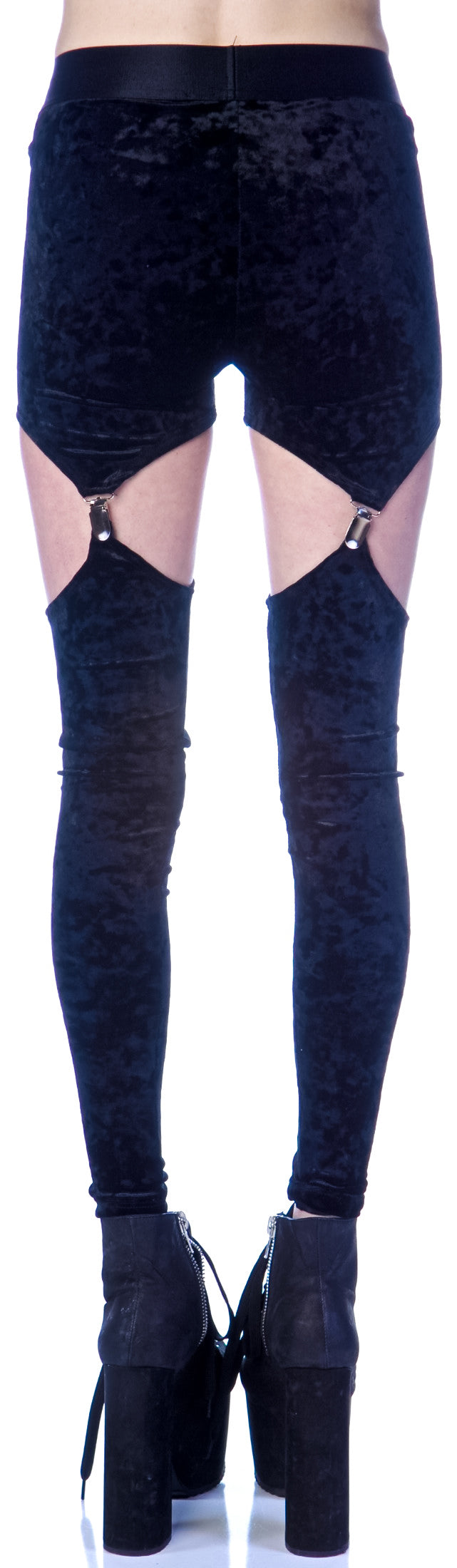 Crushed Velvet Garter Leggings - Black