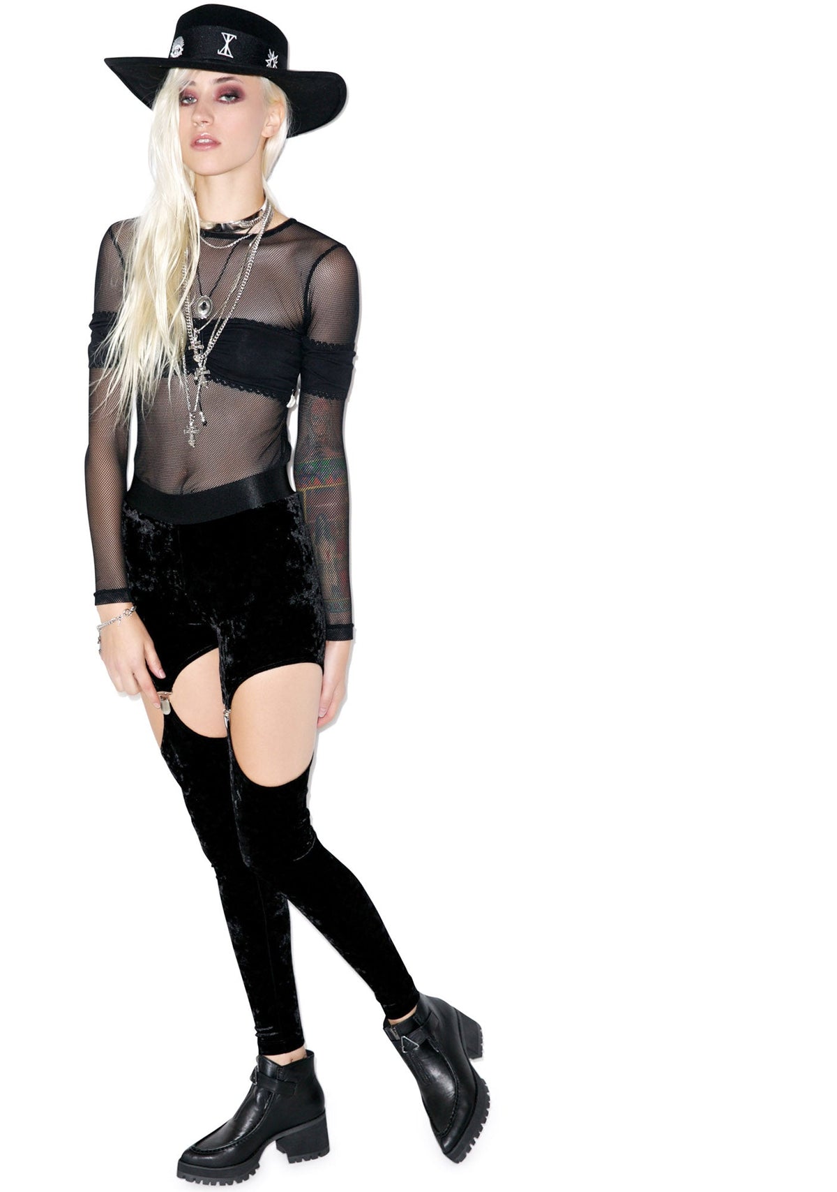 Crushed Velvet Garter Leggings - Black