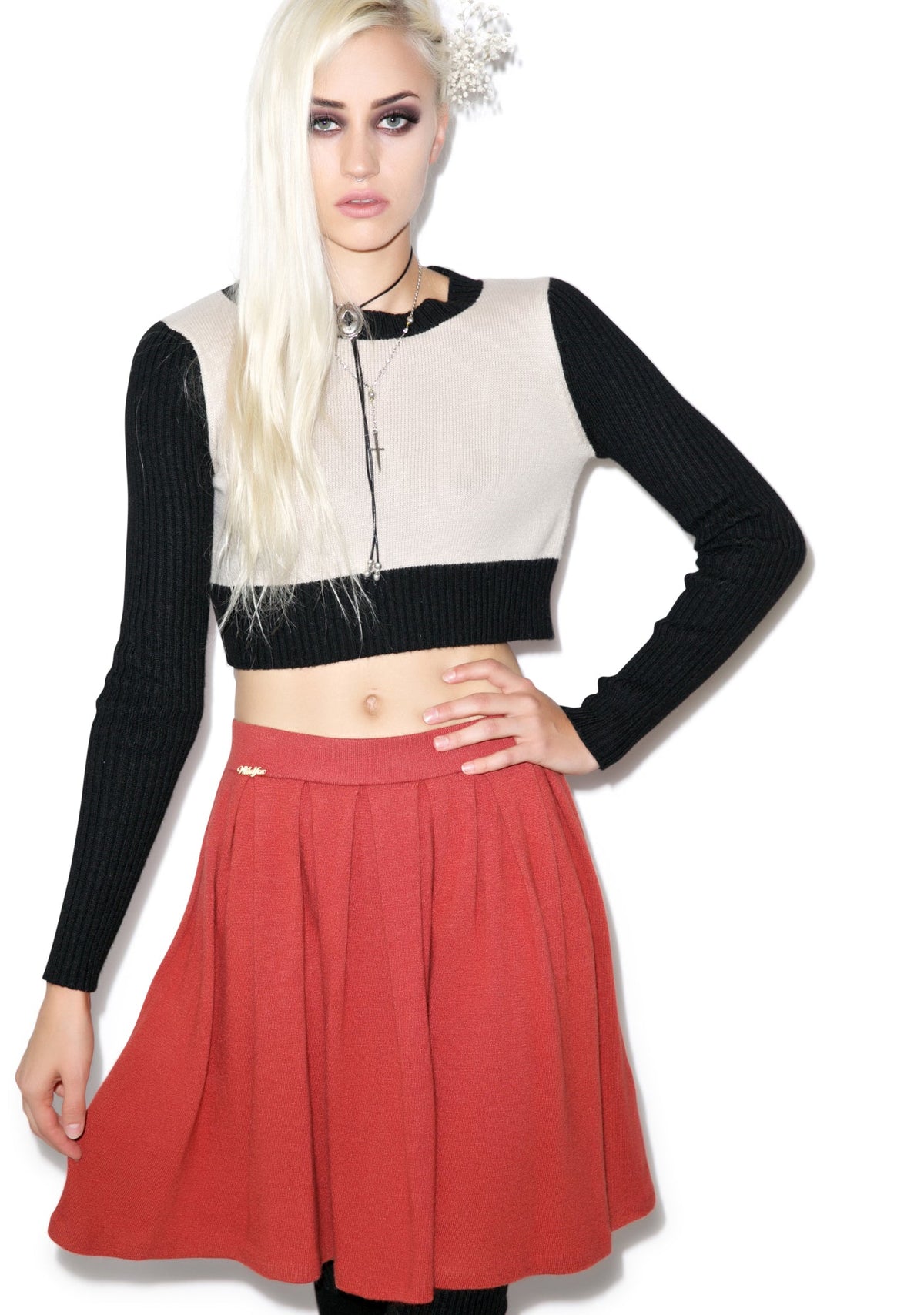 Solid Color Pleated Skirt - Light Red