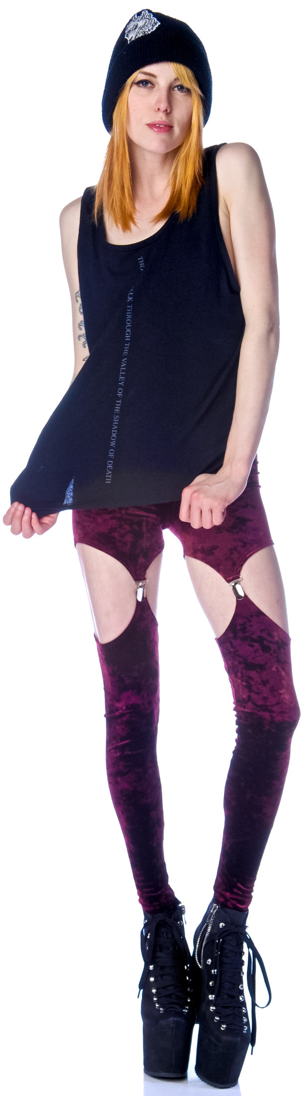 Crushed Velvet Garter Leggings - Dark Purple