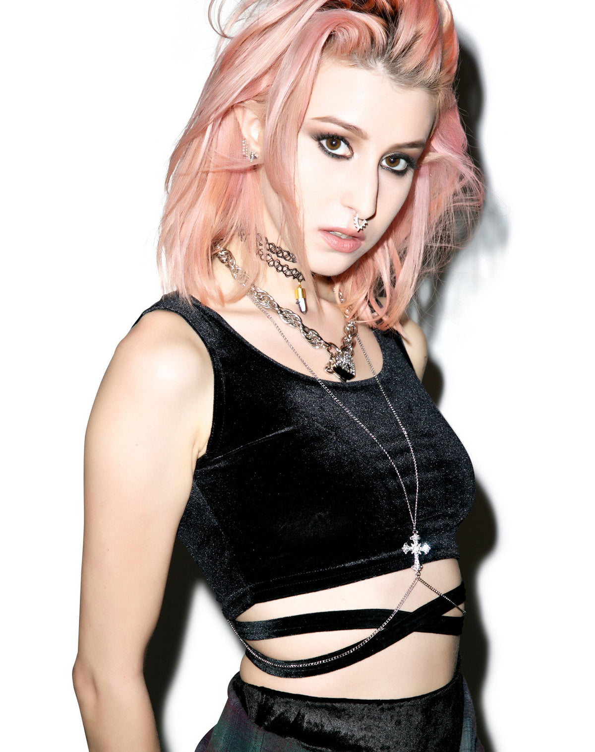 Velvet Double Cross Crop Top - Dark Gray