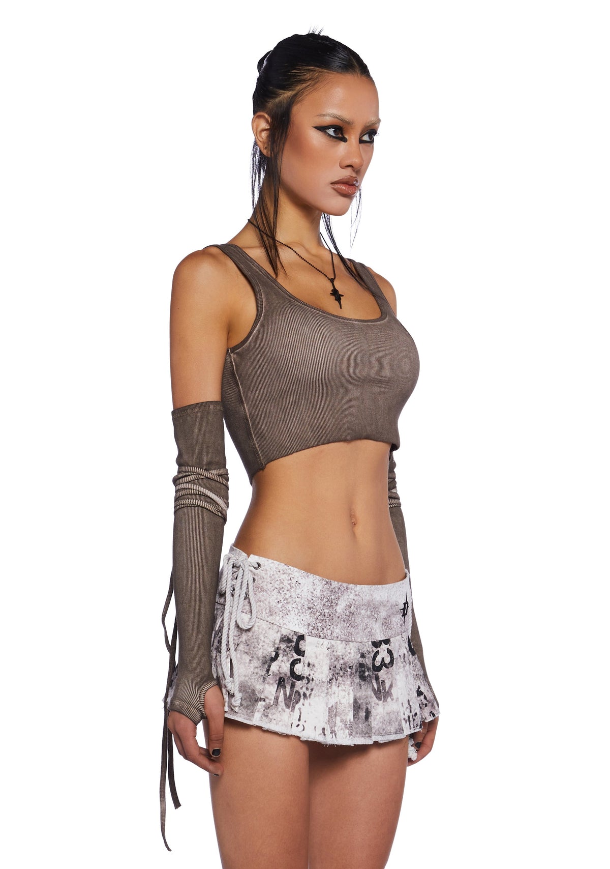 Downbeat Ribbed Tank With Arm Warmers - Brown