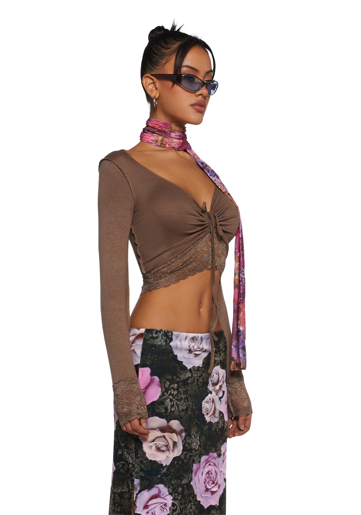 Snap Back Long Sleeve Top - Brown