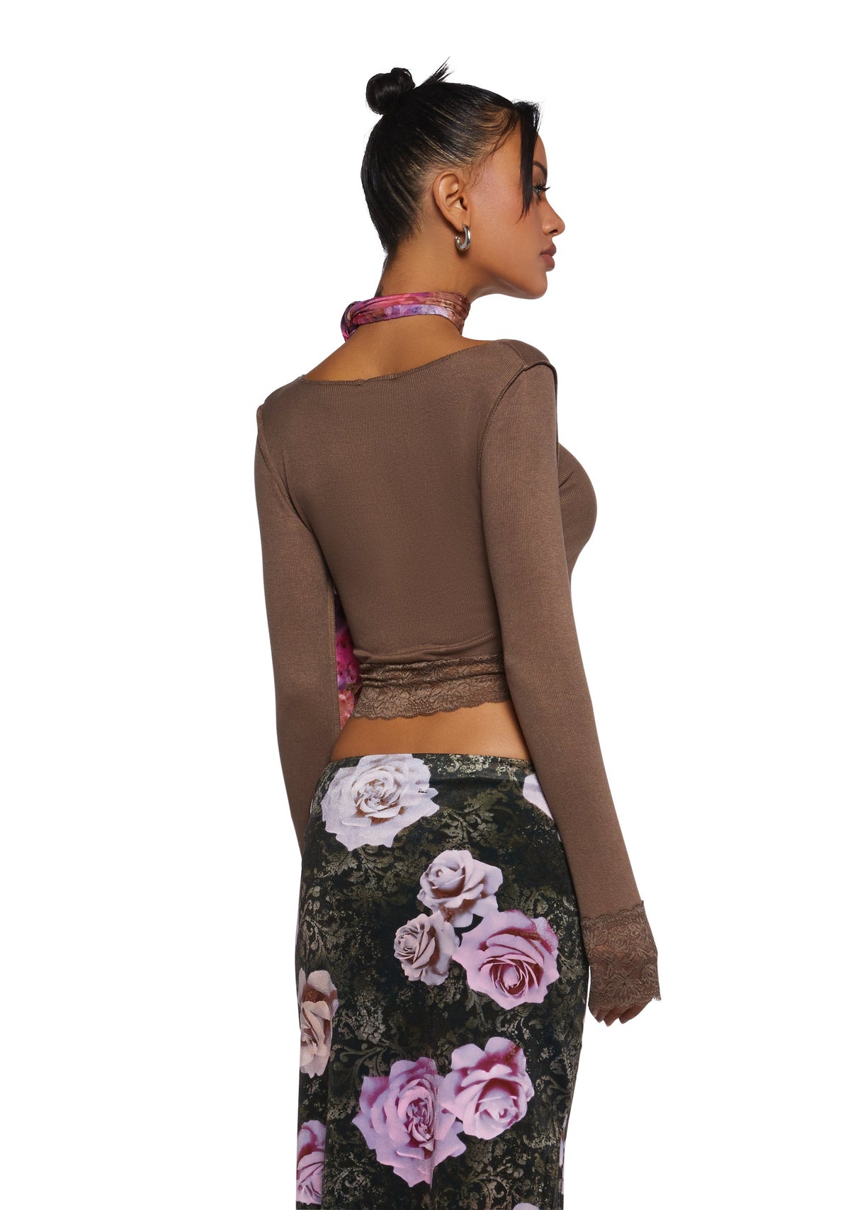 Snap Back Long Sleeve Top - Brown