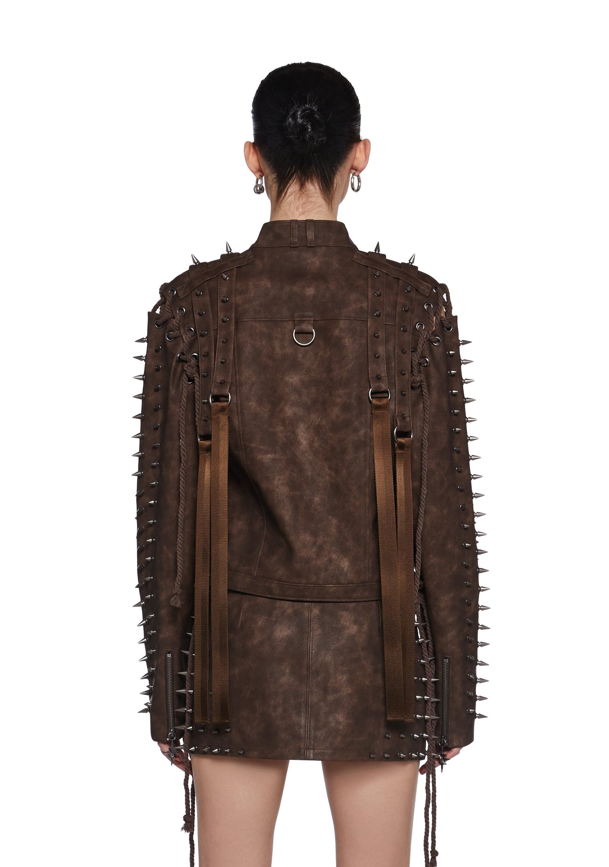Warp Spiked Jacket With Lace Up Sleeves - Brown
