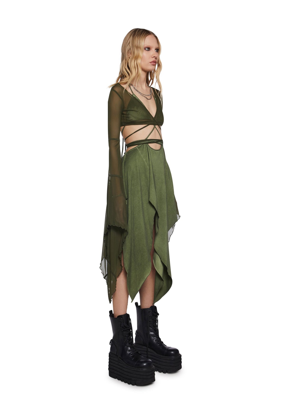 Echo Asymmetrical Mesh Wrap Dress - Green