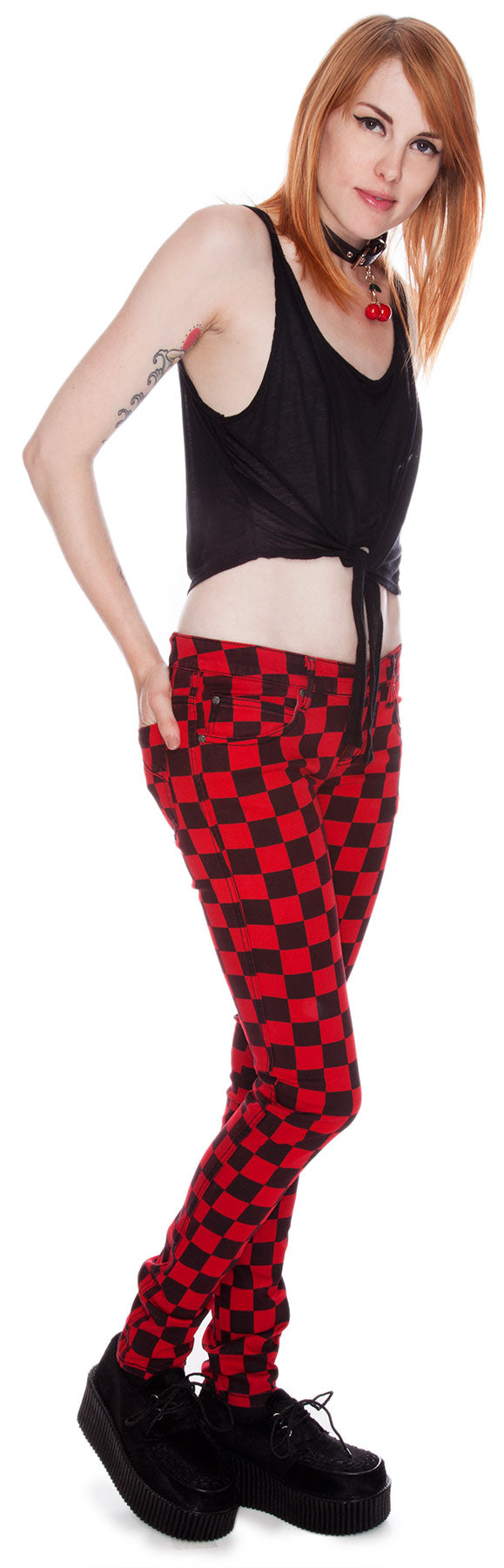 Dyed Checkered Jeans - Red