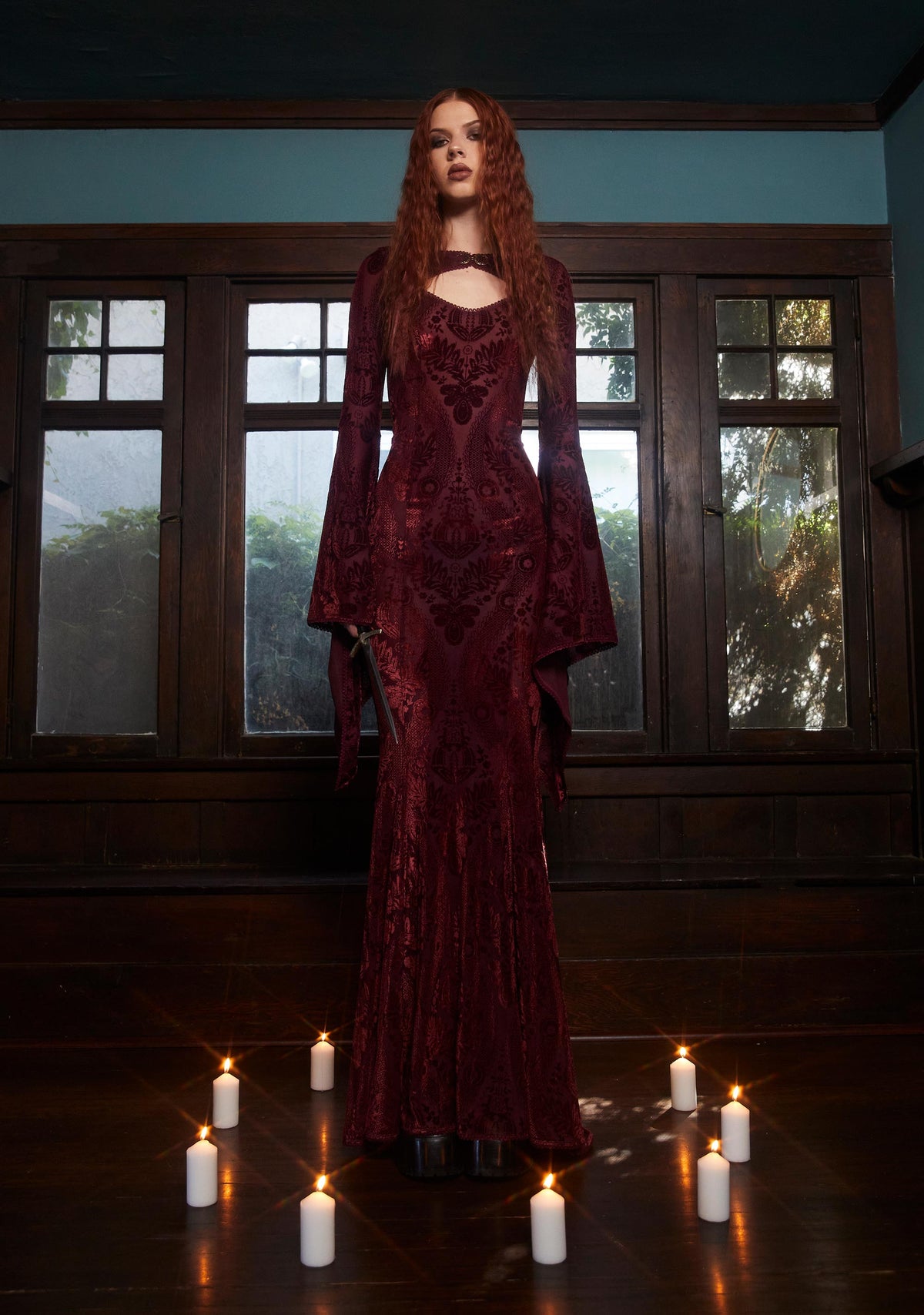 Druid’s Wife Maxi Dress And Shrug Set - Dark Red
