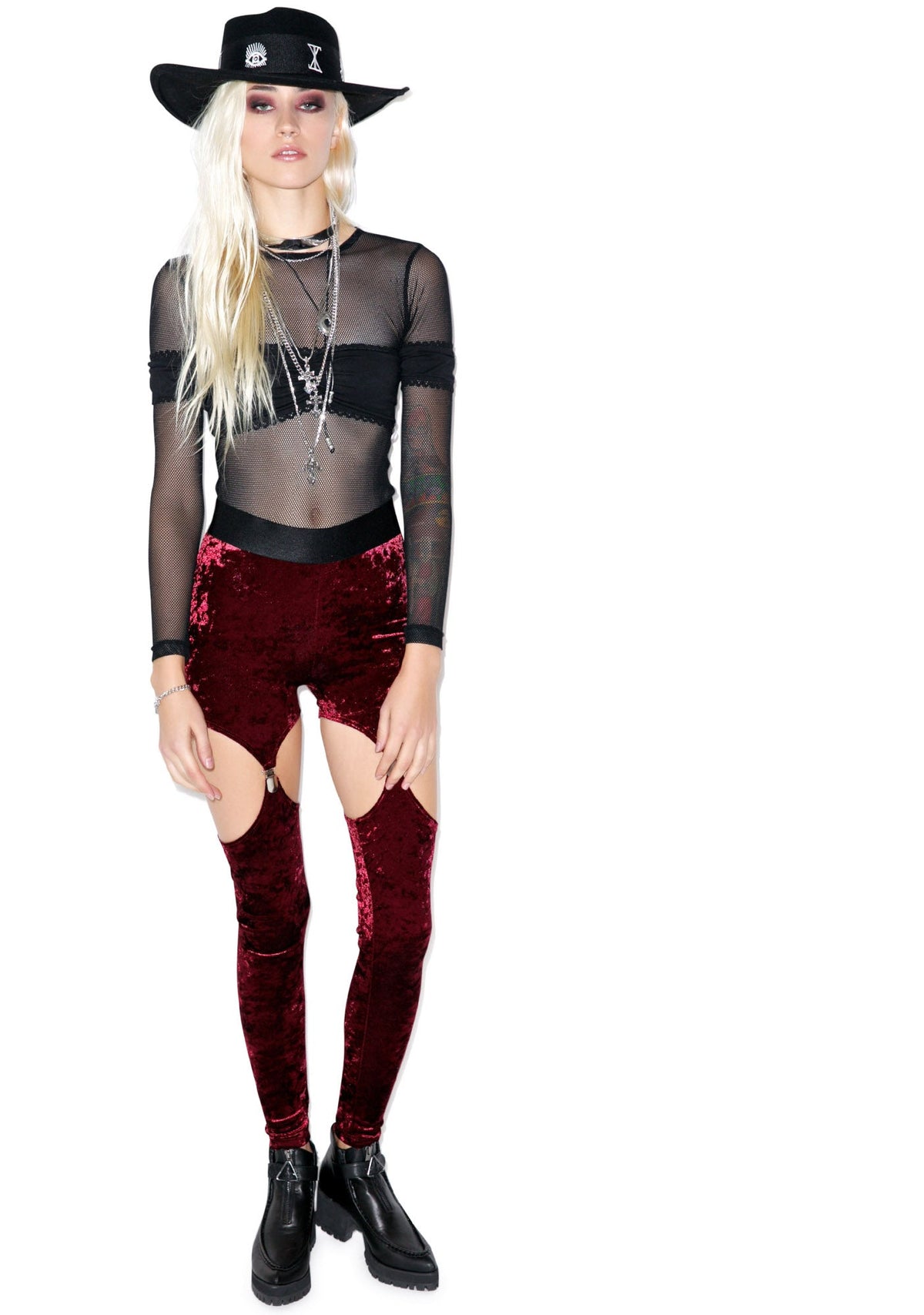 Crushed Velvet Garter Leggings - Black