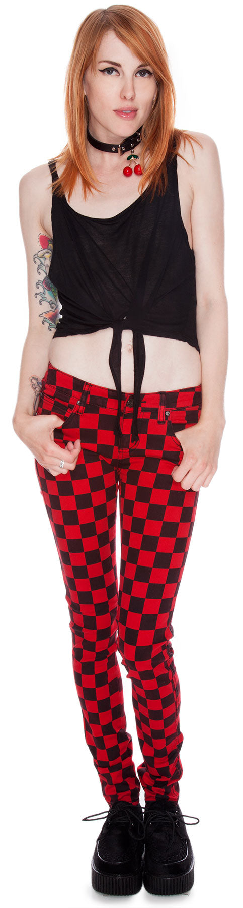 Dyed Checkered Jeans - Red