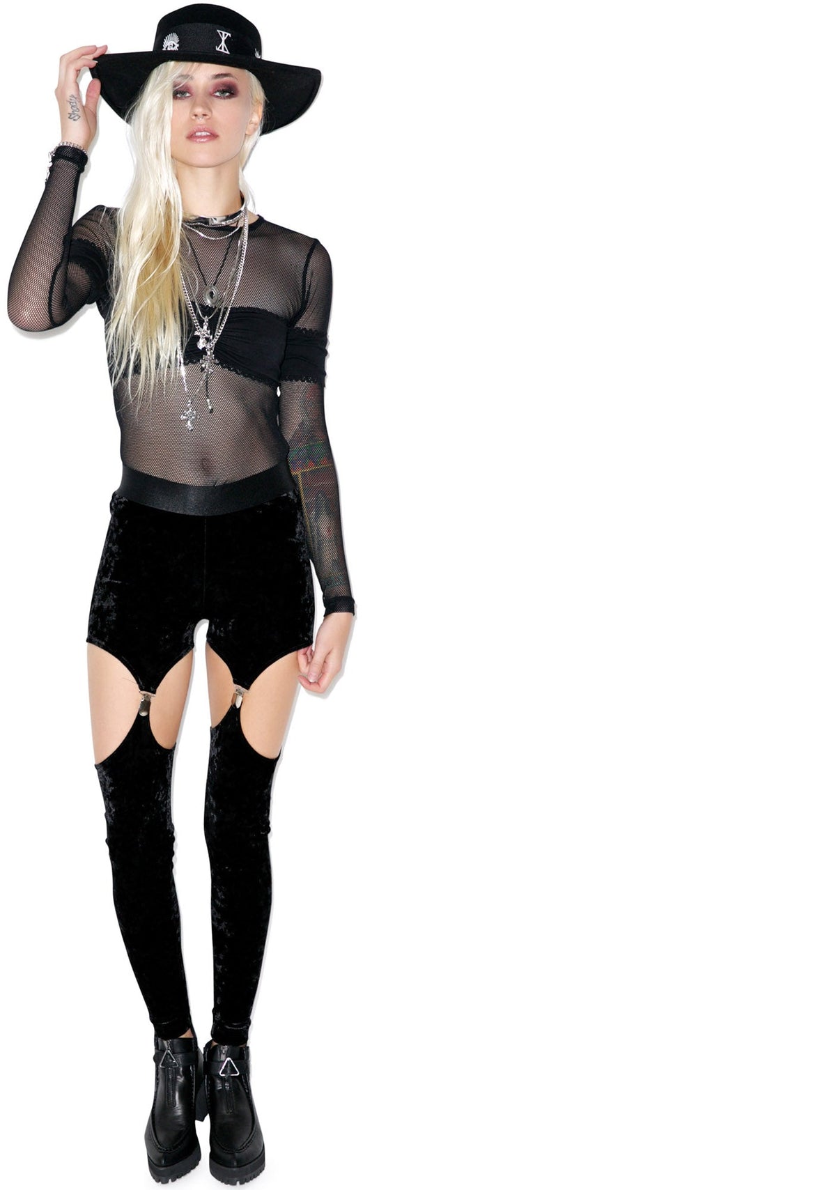 Crushed Velvet Garter Leggings - Black