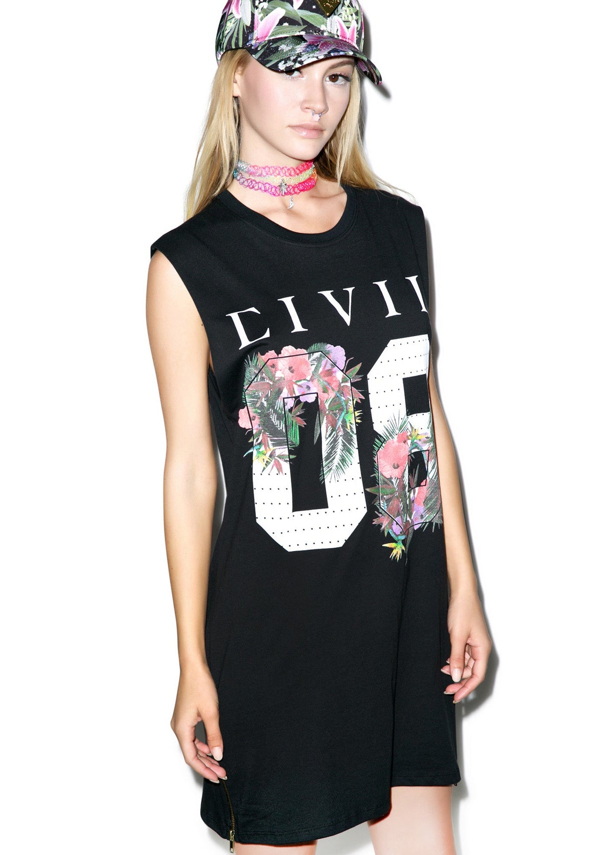 Floral 08 Long Zip Muscle Tee - White