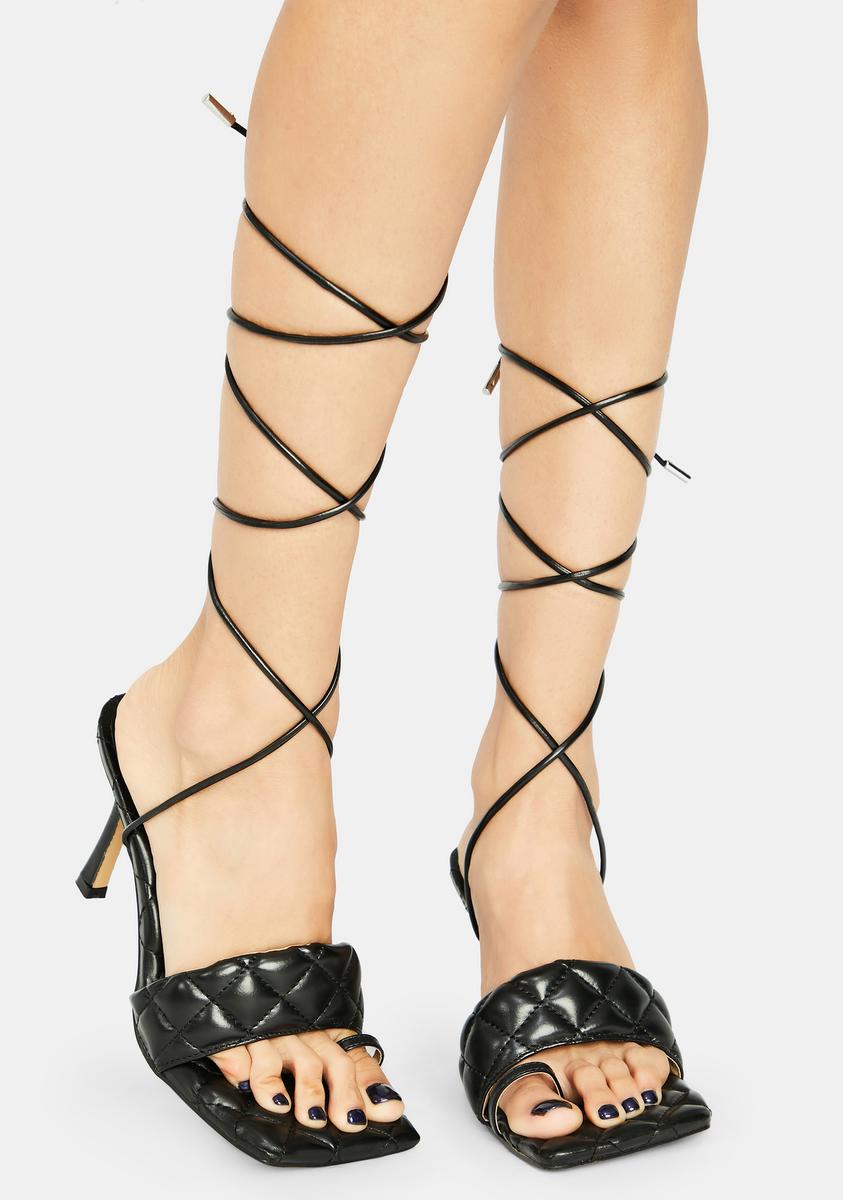 Dark Risk It All Quilted Lace Up Kitten Heels - Black